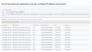 List of log events per application and user including IP Address and Country in Dynatrace screenshot