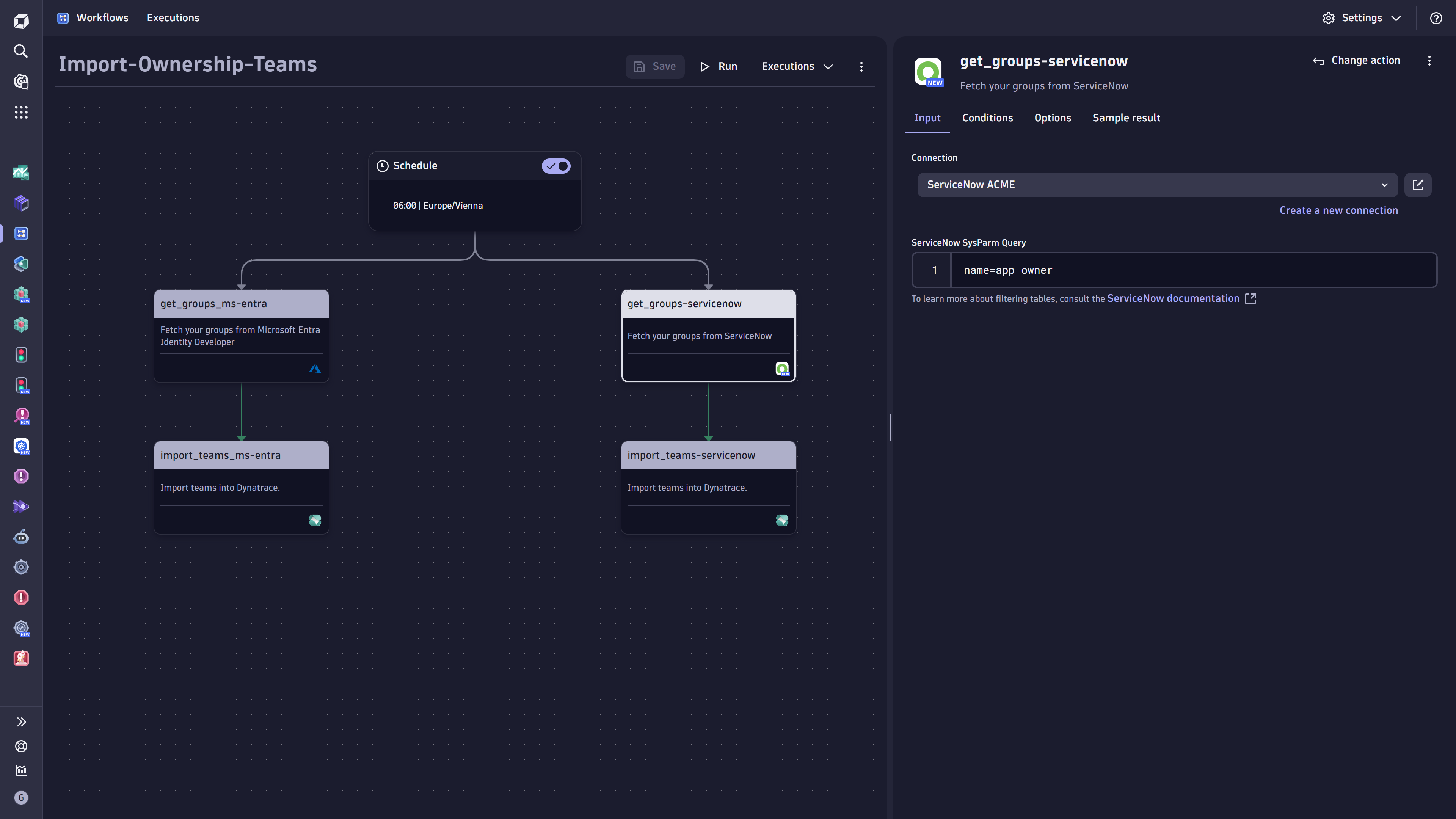 Dynatrace workflow showing two ownership team-import workflows for ServiceNow and Microsoft Entra ID