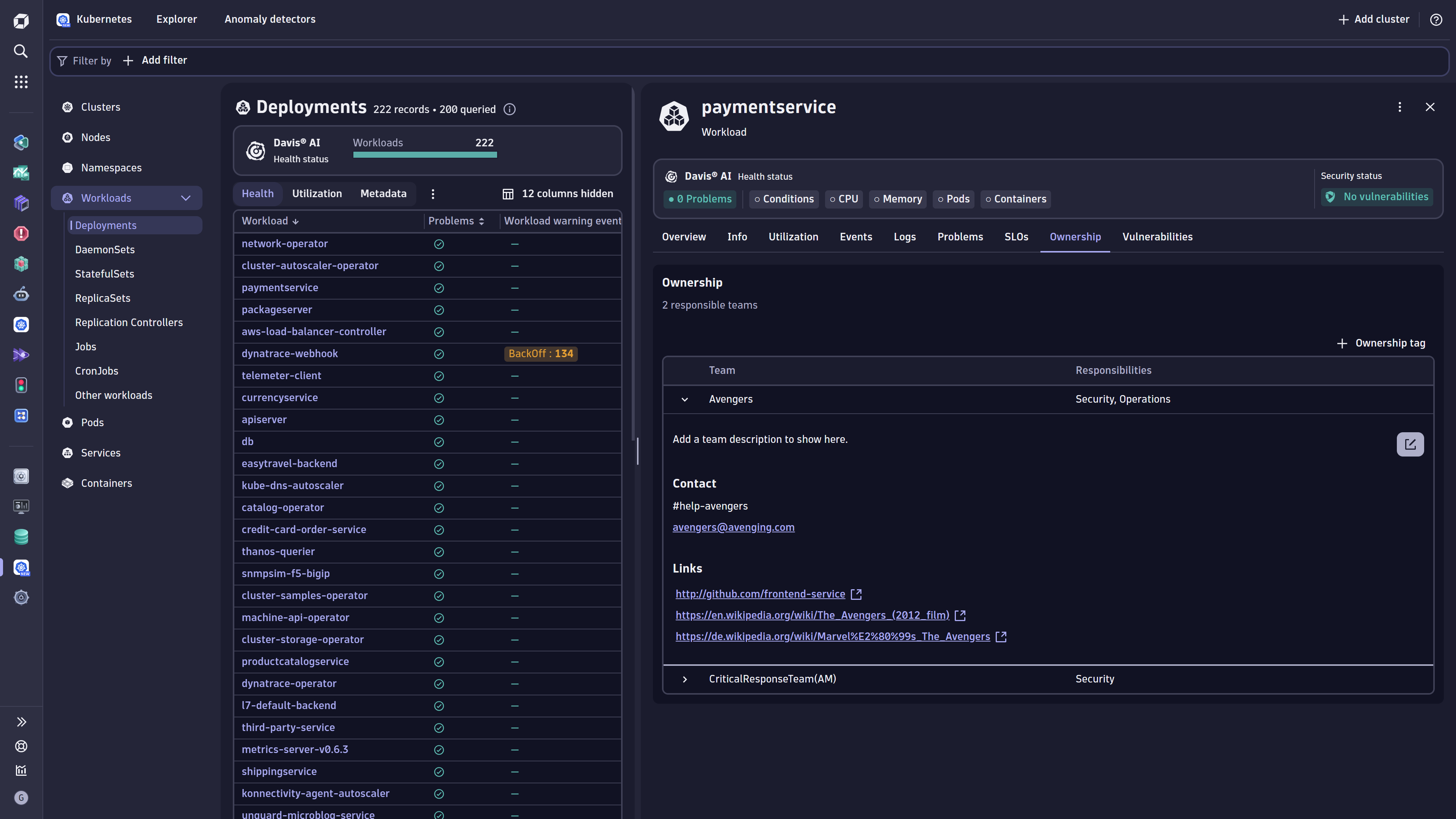 Illustration how Dynatrace automatically adds ownership team information of a work load after successful ingest and assignment