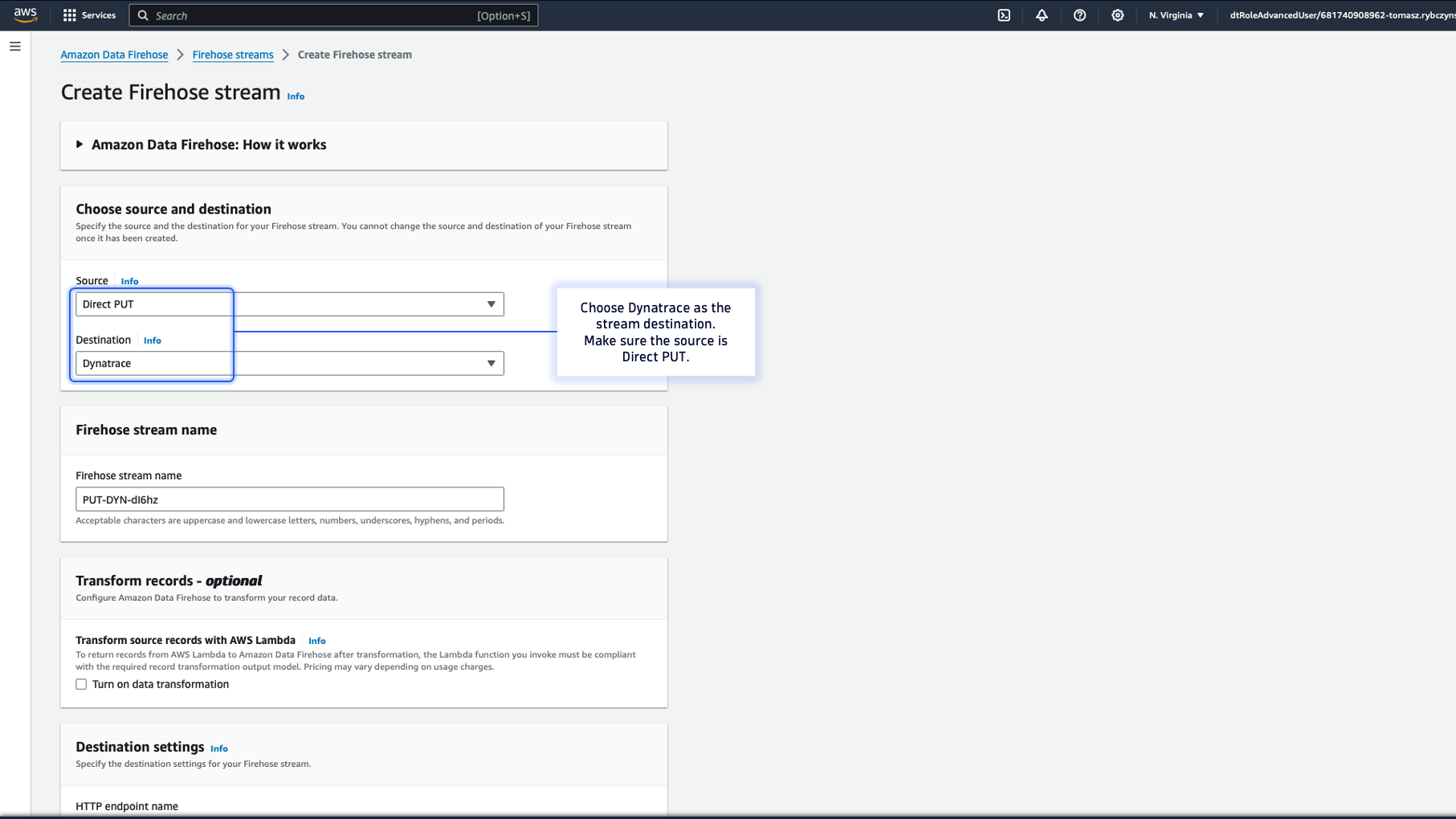 Figure 1. Choose Dynatrace as the destination in AWS console.