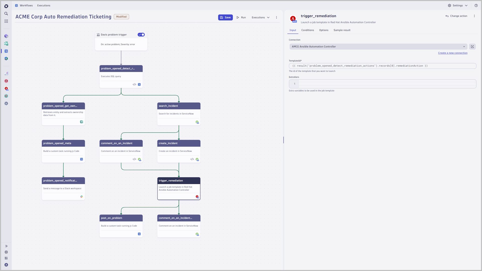 Dynatrace workflows leverage Davis AI insights to trigger the corresponding job template in Red Hat Ansible Automation Controller.