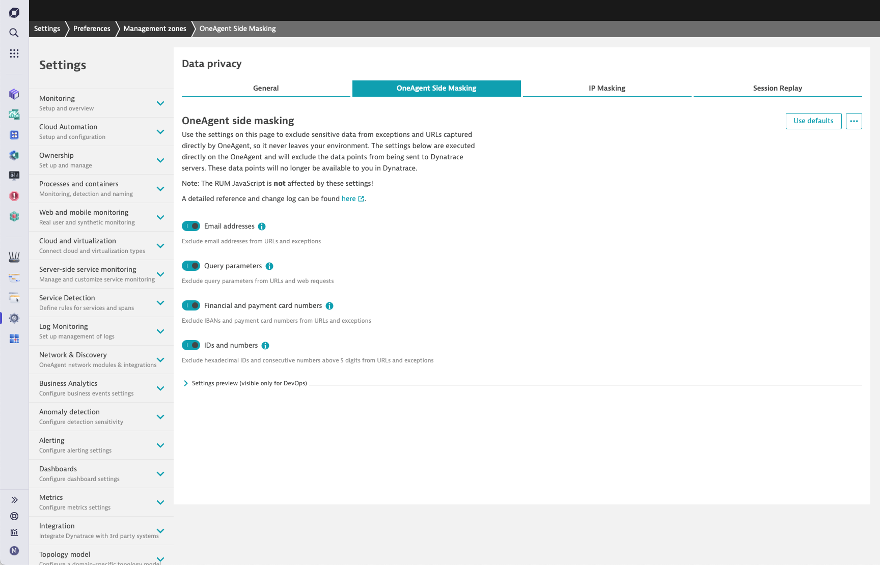 OneAgent Side Masking screenshot in Dynatrace