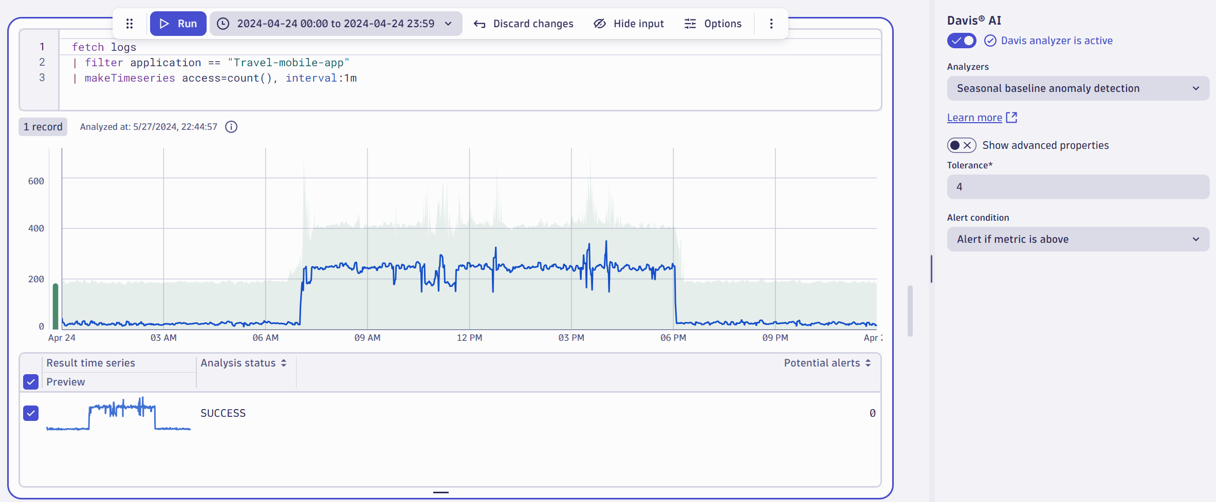 Figure 2: Using the seasonal baseline anomaly detection analyzer in Notebooks.