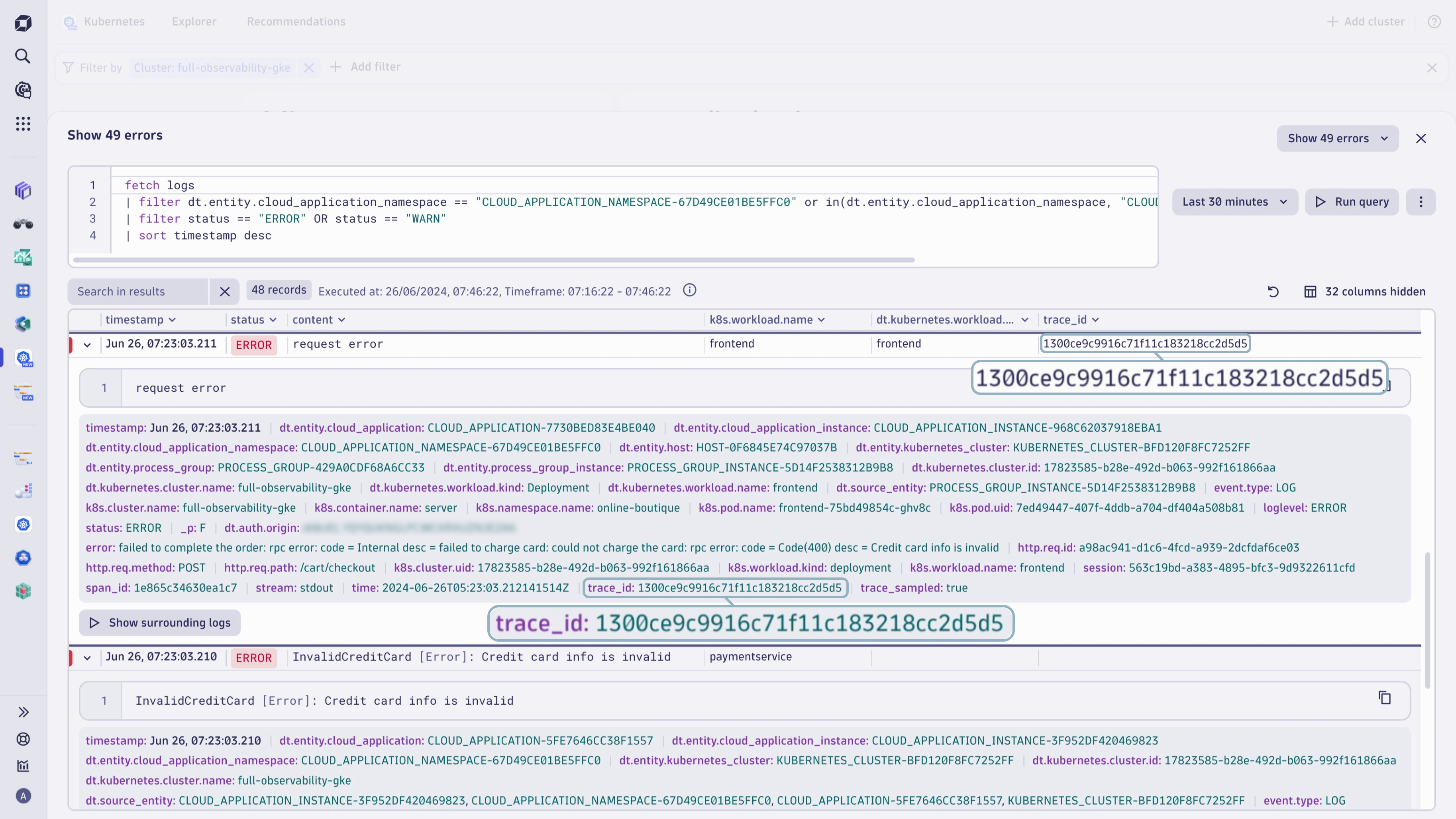 FluentBit log events in Dynatrace screenshot