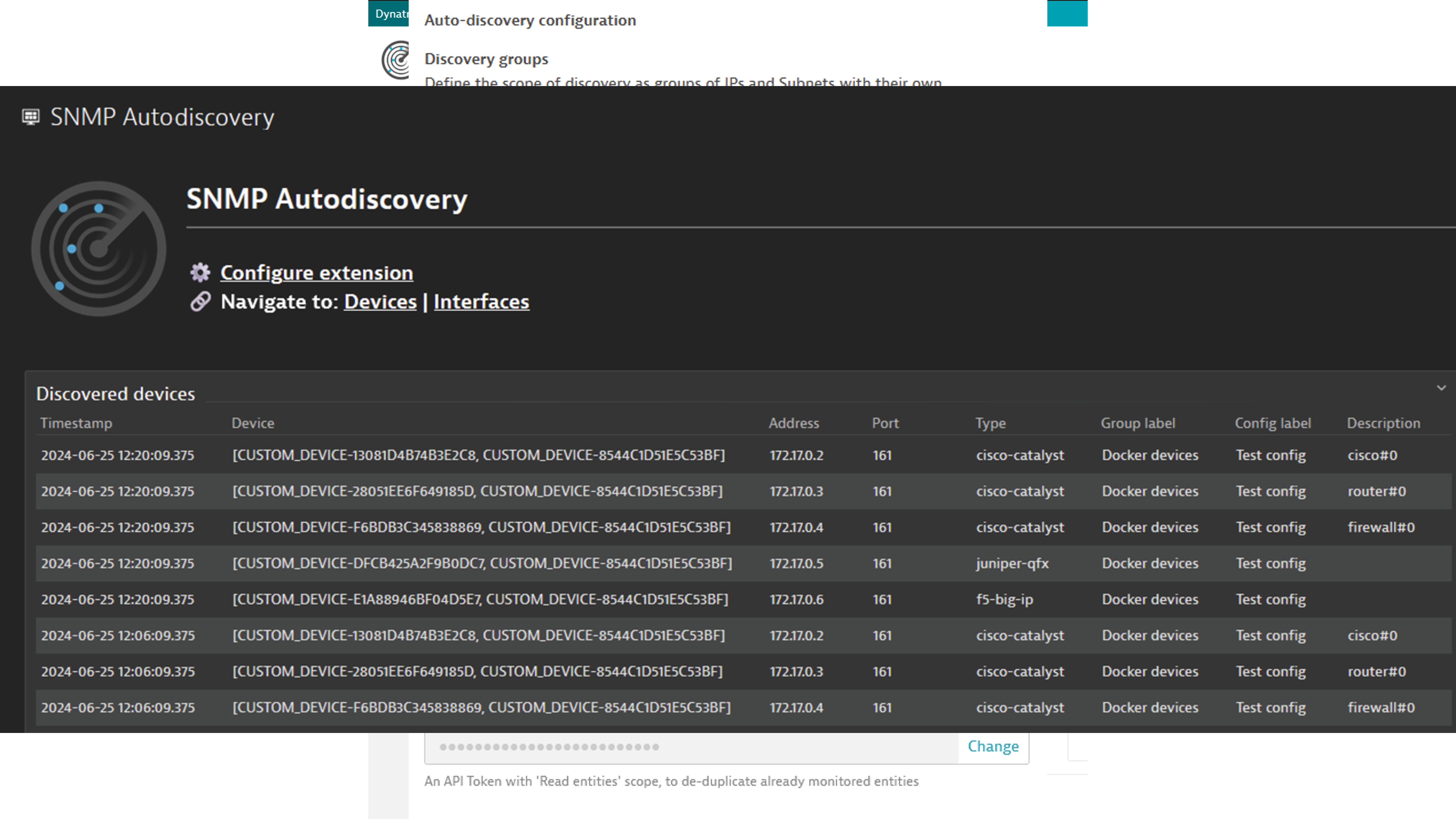 The out-of-the-box dashboard for the SNMP Autodiscovery extension.