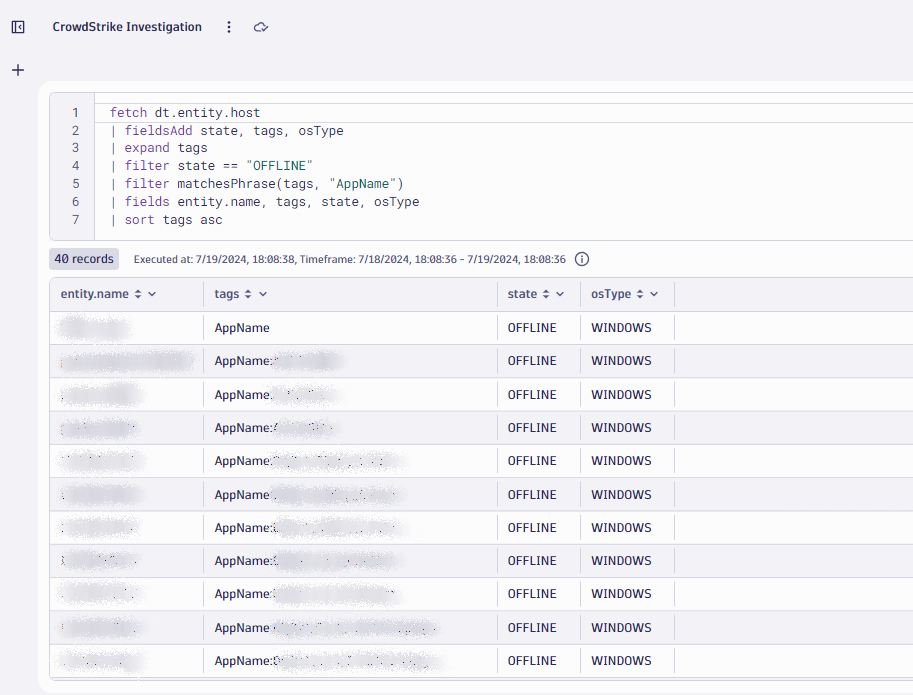 DQL and Notebooks investigation showing systems affected by the CrowdStrike outage