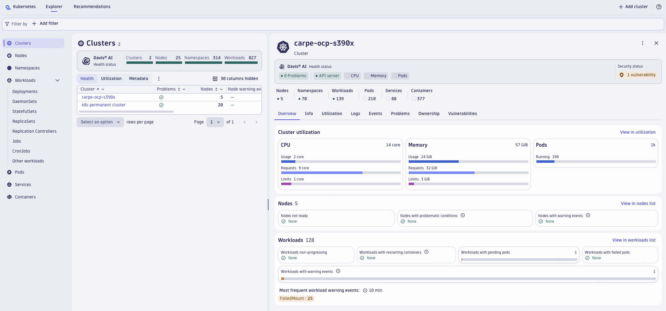 Clusters in Explorer in Dynatrace screenshot