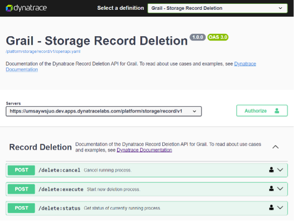 Grail Storage Record Deletion in Dynatrace screenshot