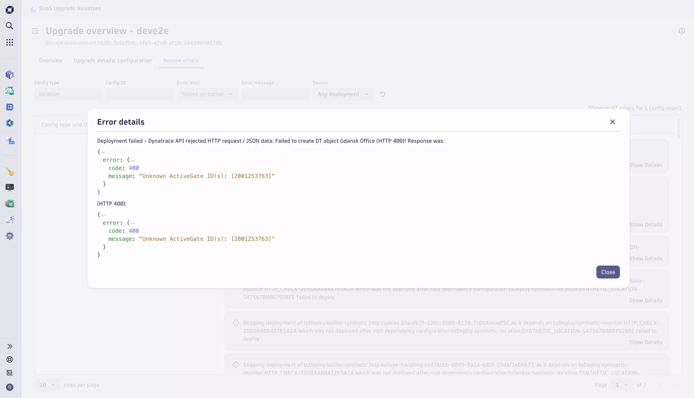 SaaS Upgrade Assistant Error detail in Dynatrace screenshot