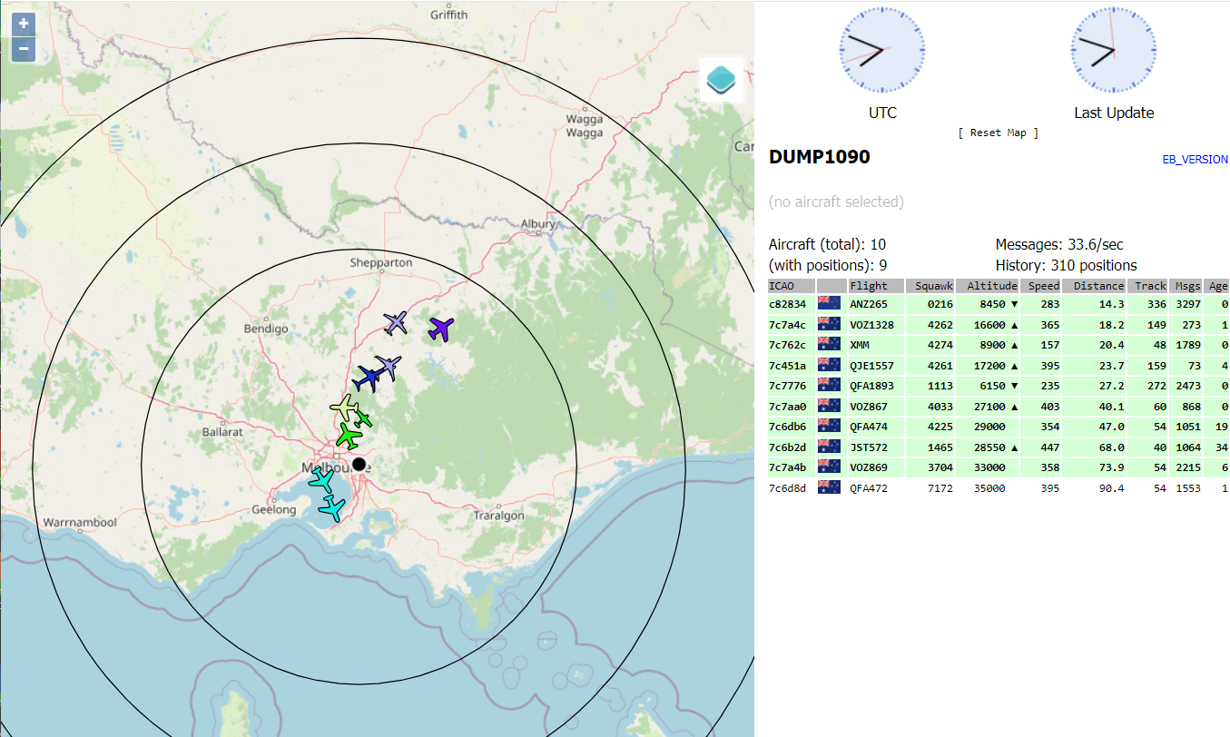 Default web view of flights tracked by dump1090