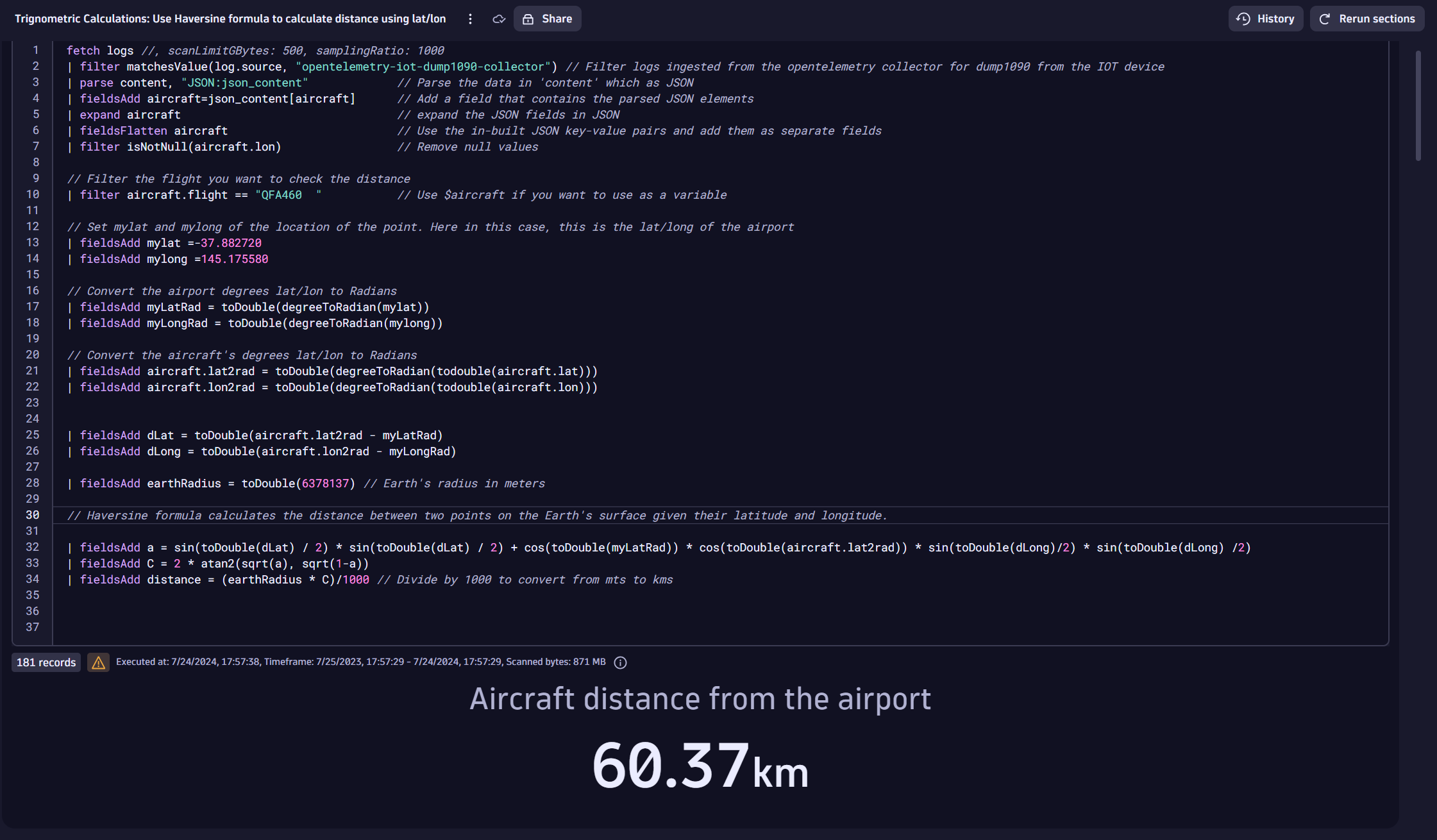 Trigonometric calculations: Lines 32, 33, and 34 in this DQL statement include the Haversine formula