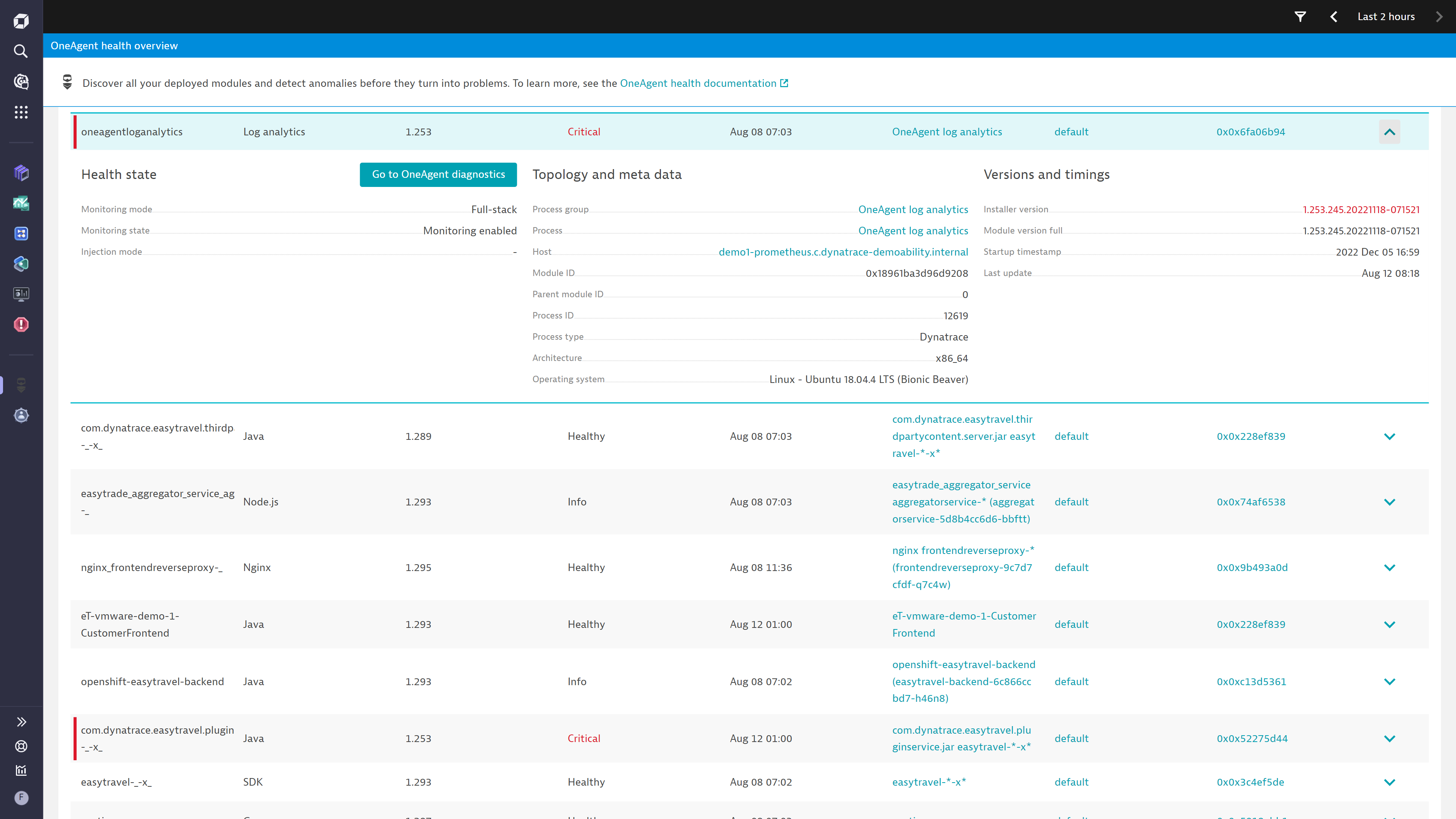 Manual diagnostics reveal a critical error in an outdated version of OneAgent.