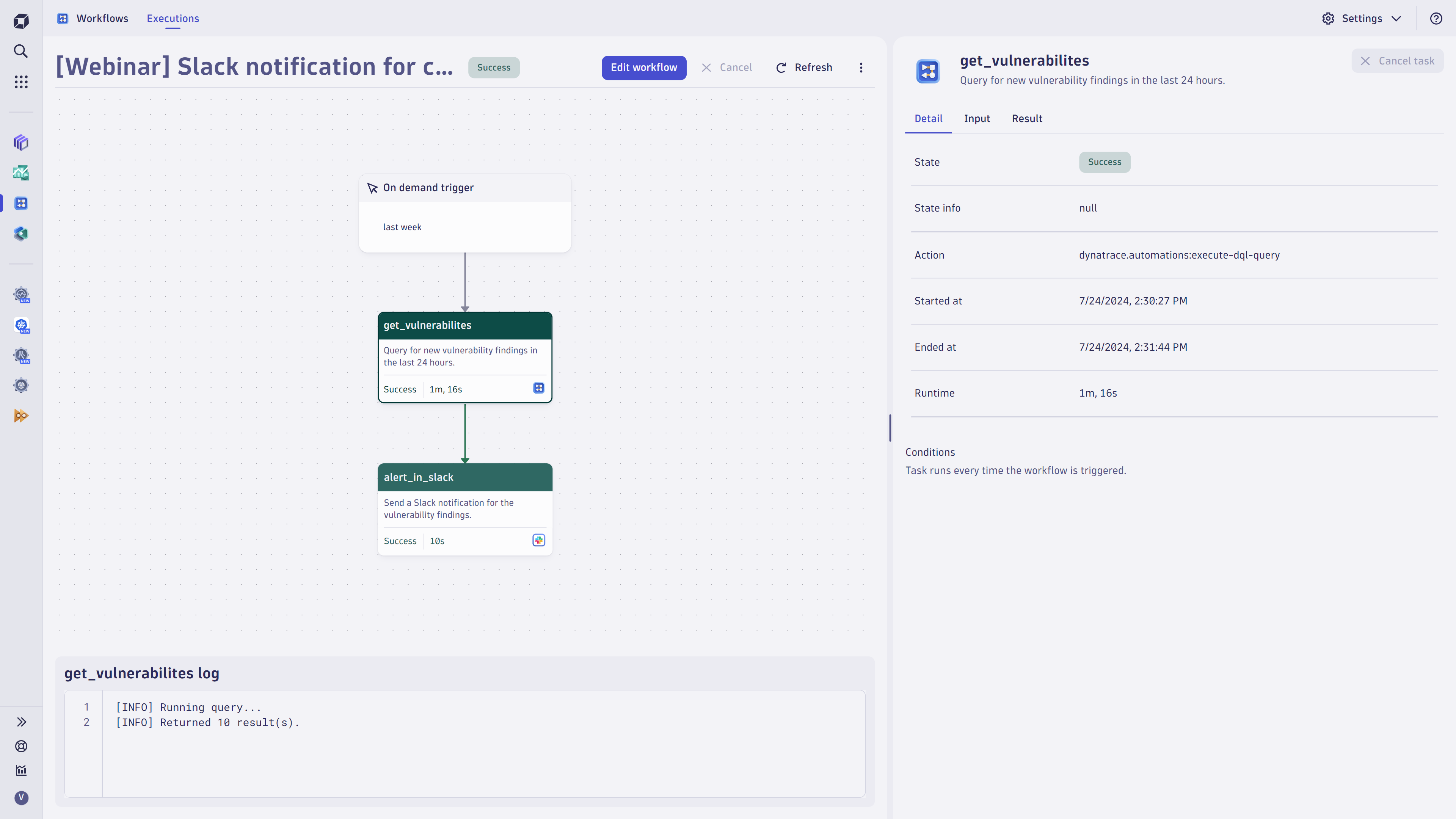 Slack notification workflow in Dynatrace screenshot