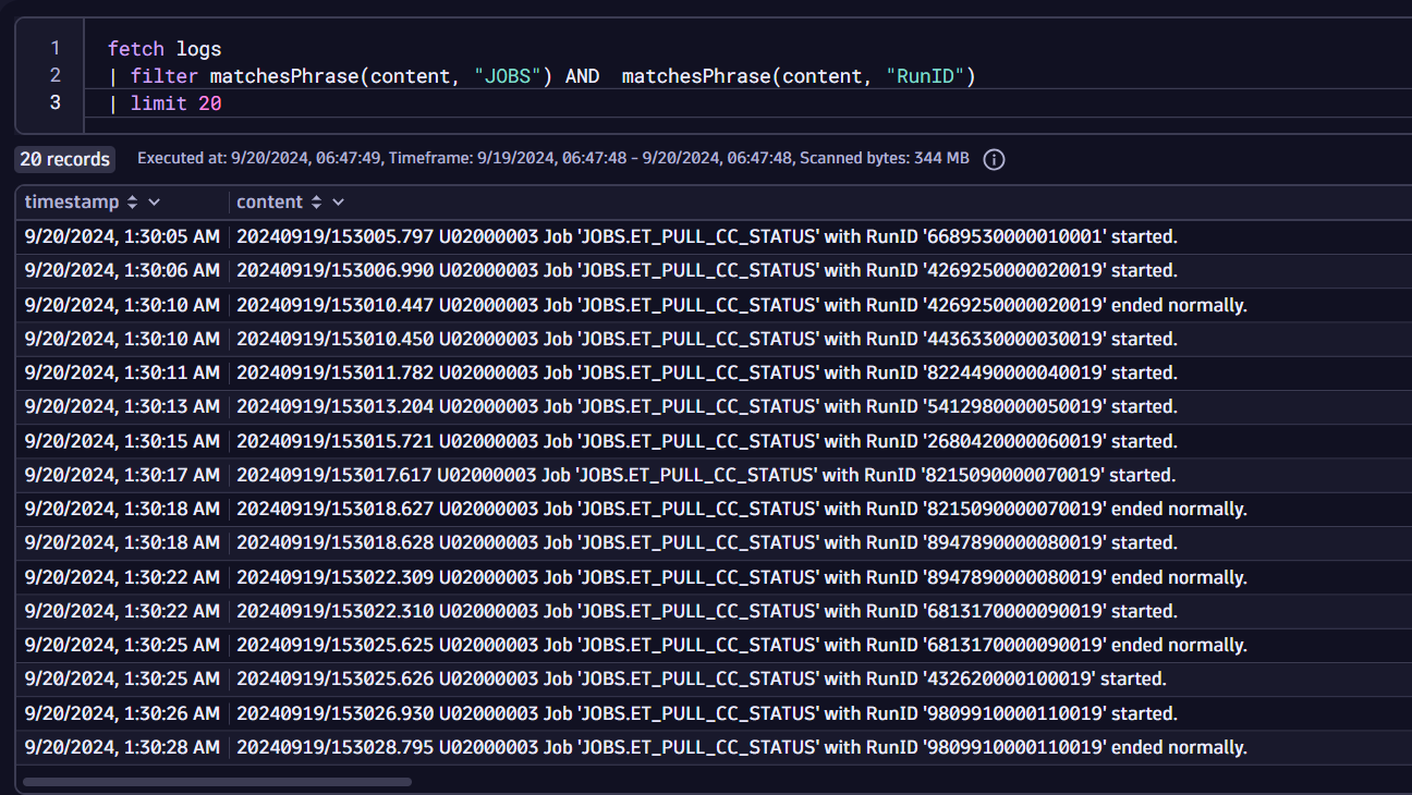 Apply basic filtering to ensure the availability of batch job-related logs. In this case, filter the logs based on relevant phrases or keywords.