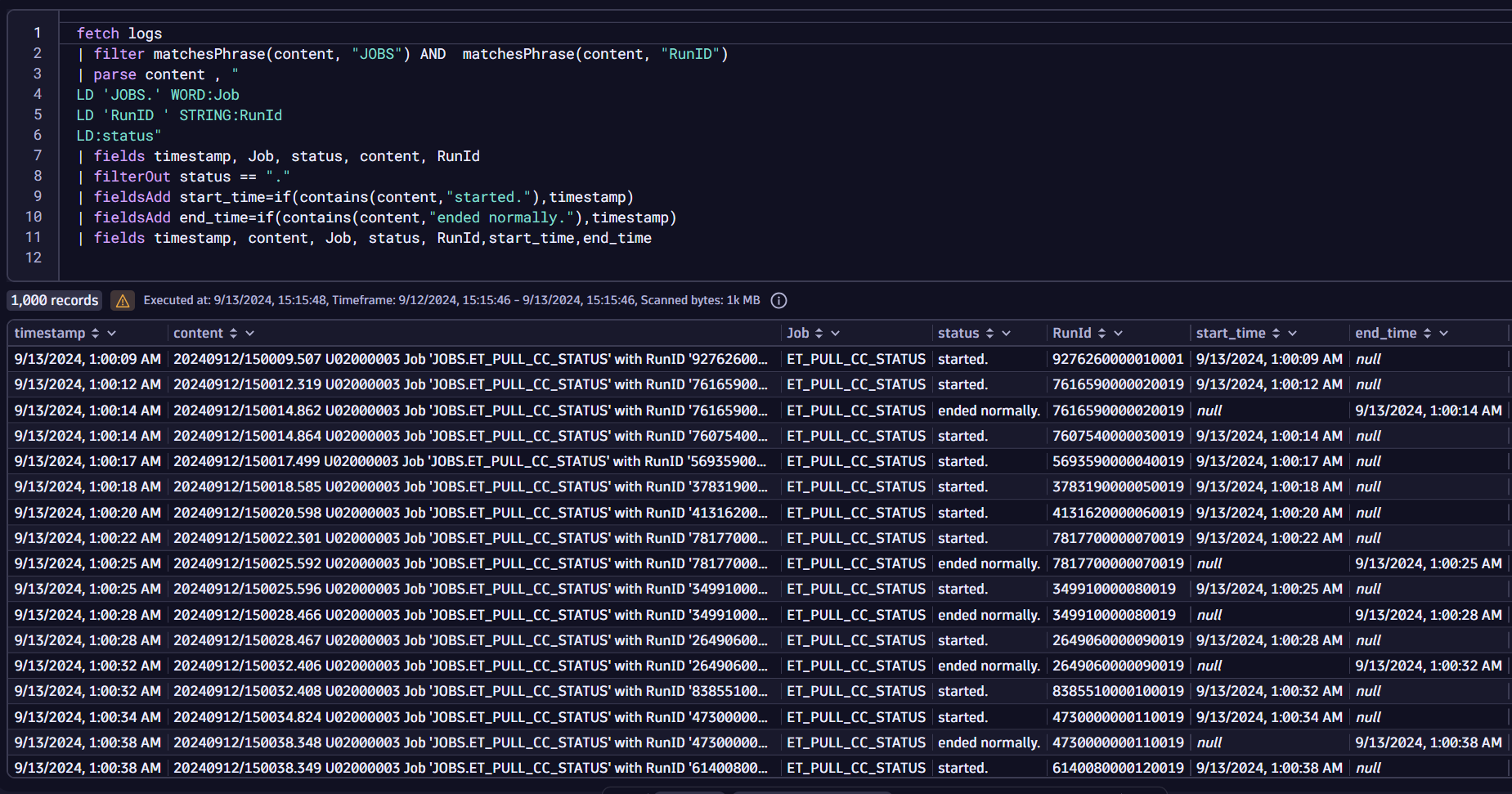 Parsing the log lines that have critical data related to batch job status