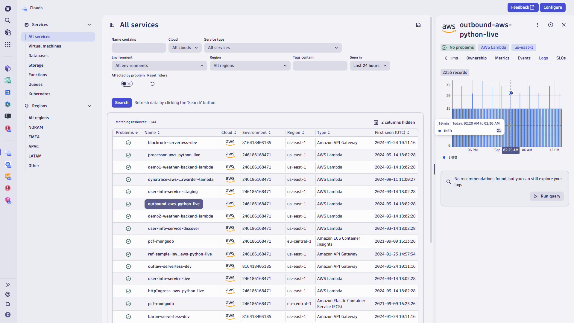 Figure 1. The Clouds app provides a view of all available cloud-native services. Logs in context, along with other details, are instantly available after selecting a resource.