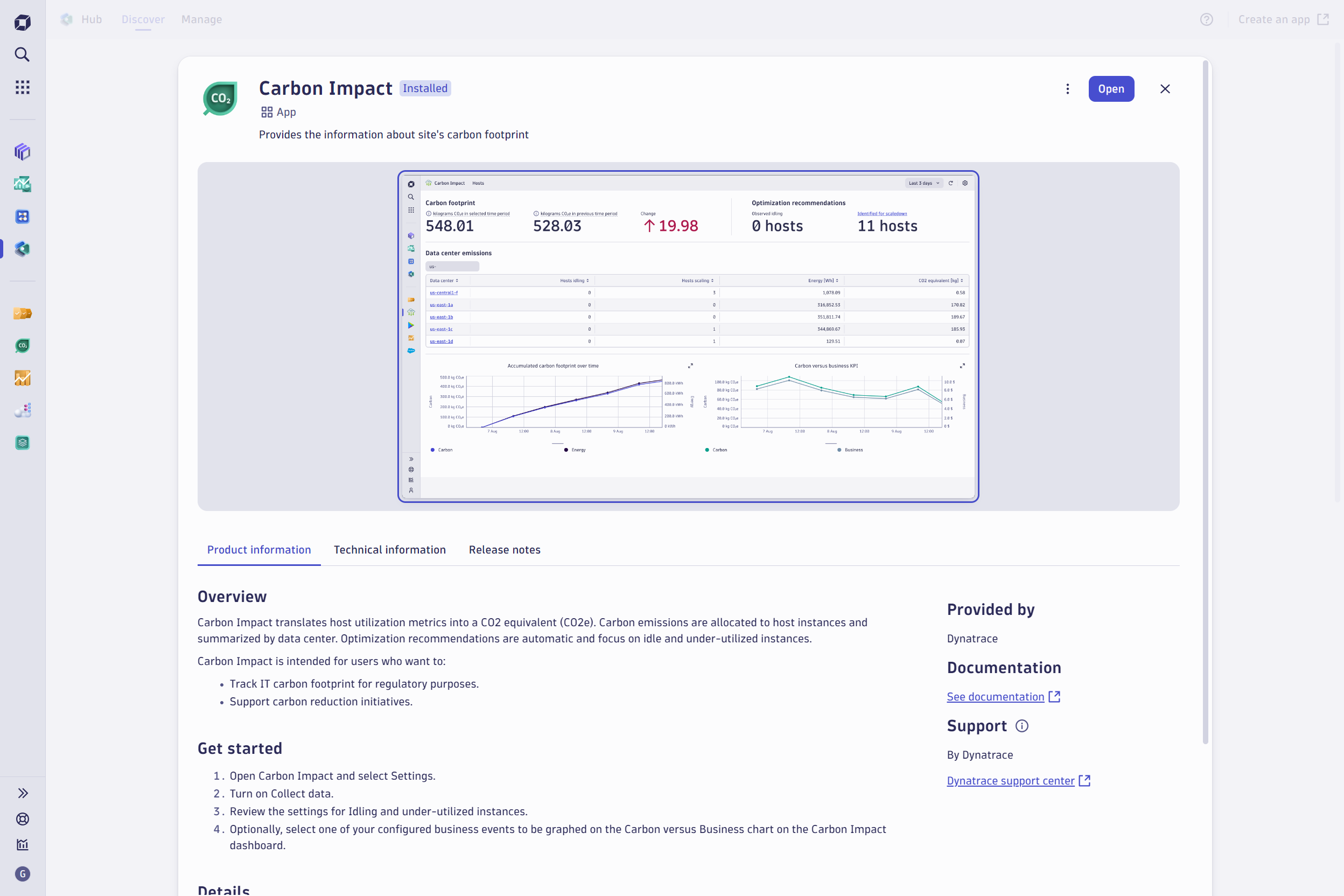 Carbon Impact app in the Dynatrace Hub