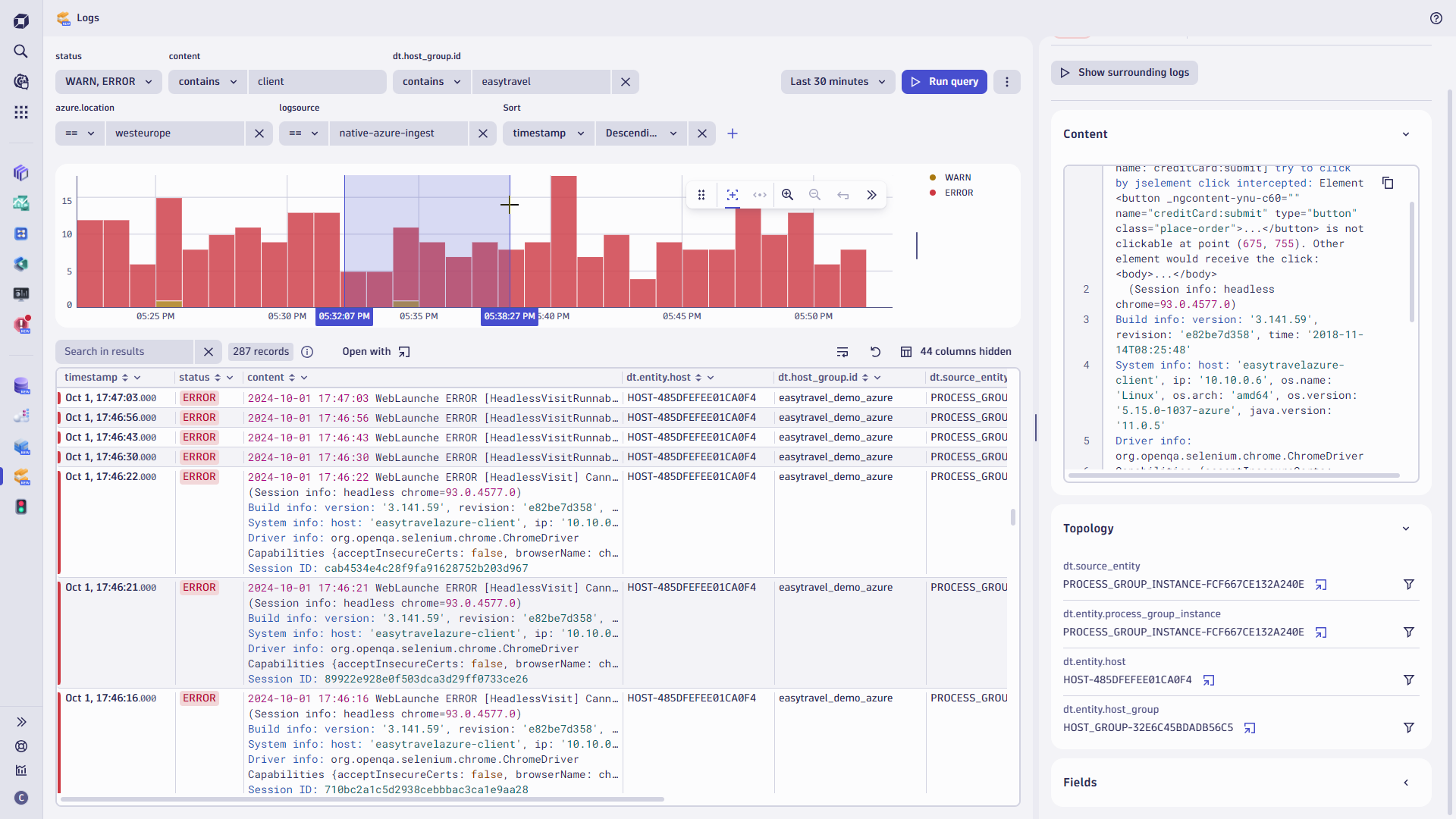 Figure 1. The menu bar of the new Logs app provides simple click-to-filter options. You can select single log lines to surface more insights in the details pane and further click-to-filter options.