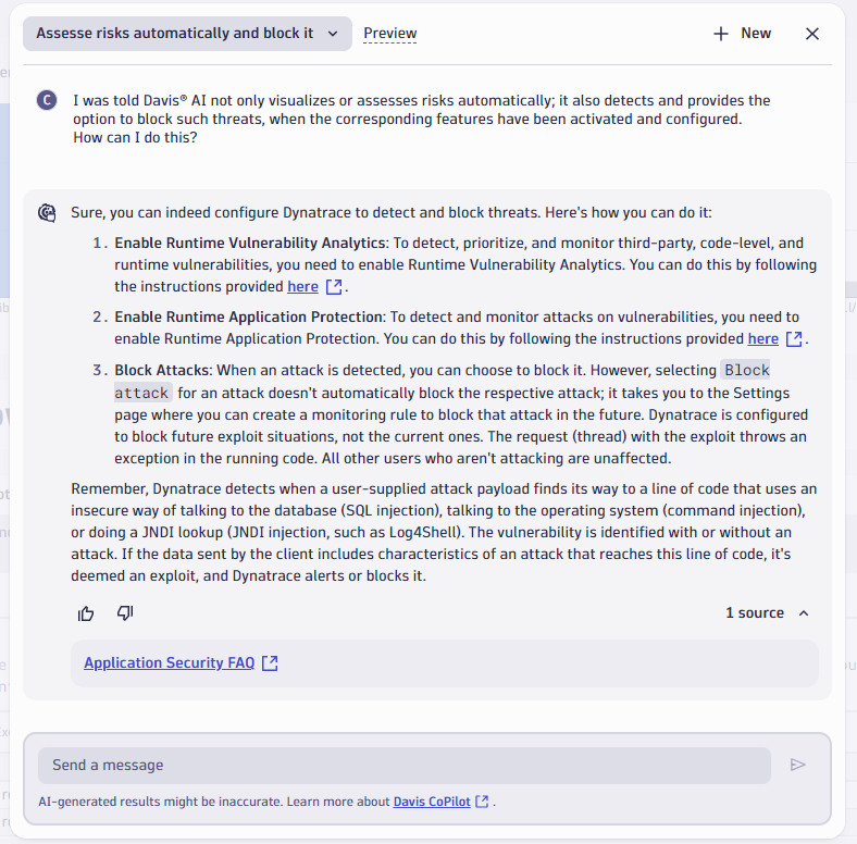 Figure 10. Davis CoPilot Assistant was asked to provide guidance for the example provided in this blog post and swiftly replied with the required configuration, referencing the source Application Security FAQ.