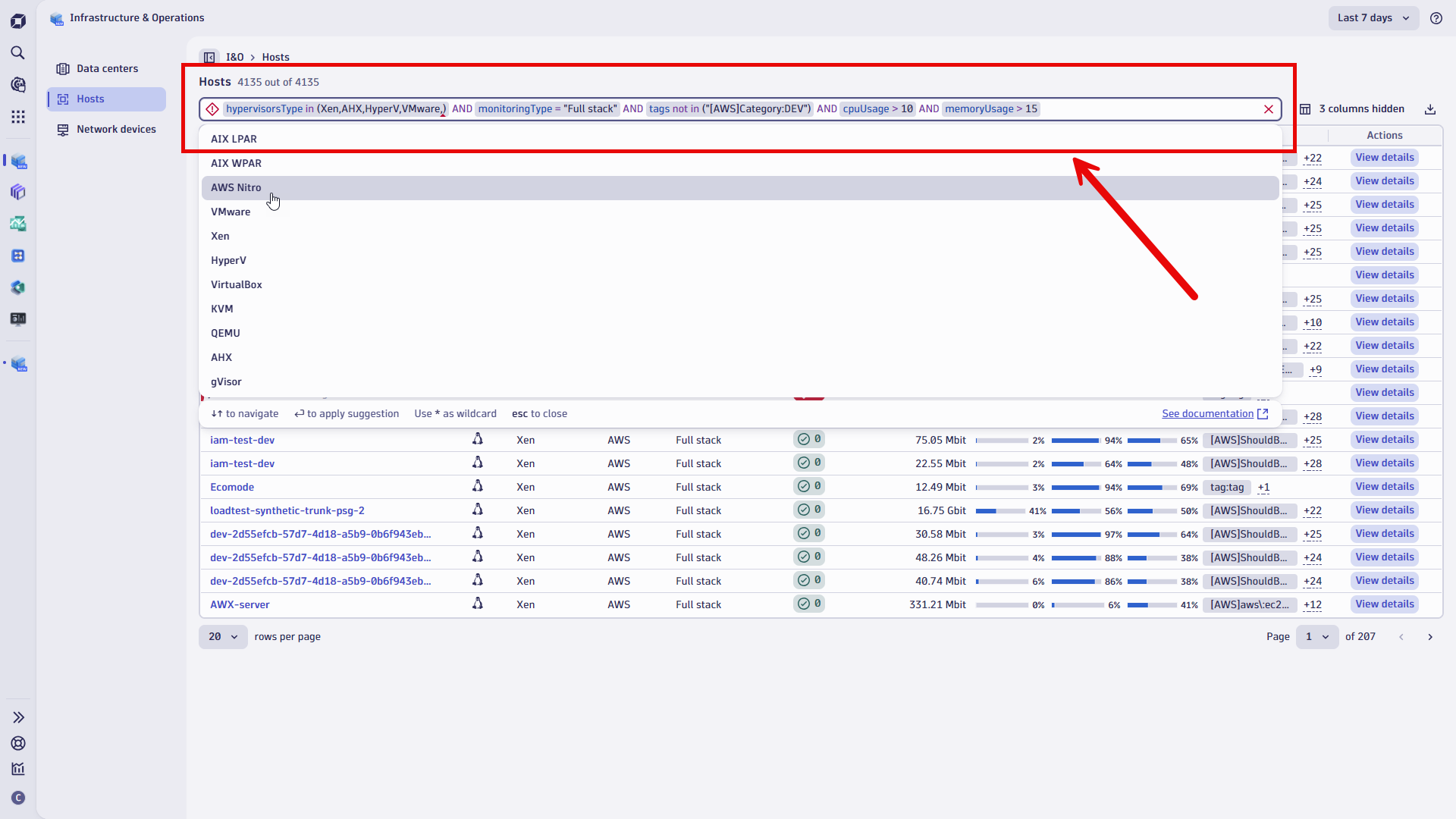 Figure 2. Infrastructure & Operations with additionally selected filters and active selector dropdown, providing available options sourced from the hosts' resources.