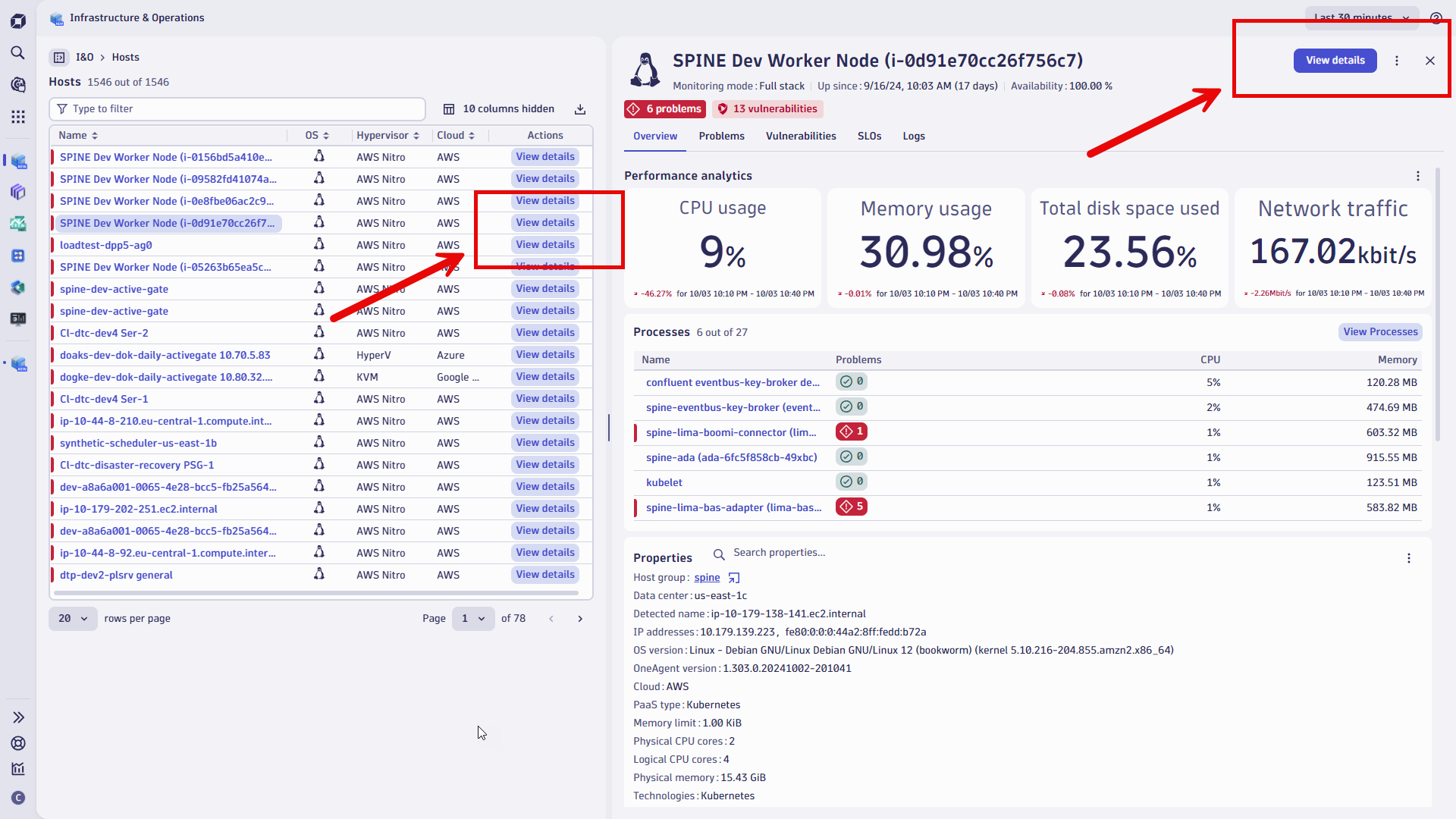 Figure 3. Overview of a cloud-hosted frontend web application. Key metrics are summarized in the Infrastructure & Operations overview. Selecting View details in the resources list or from the overview page provides a detailed drill-down view.