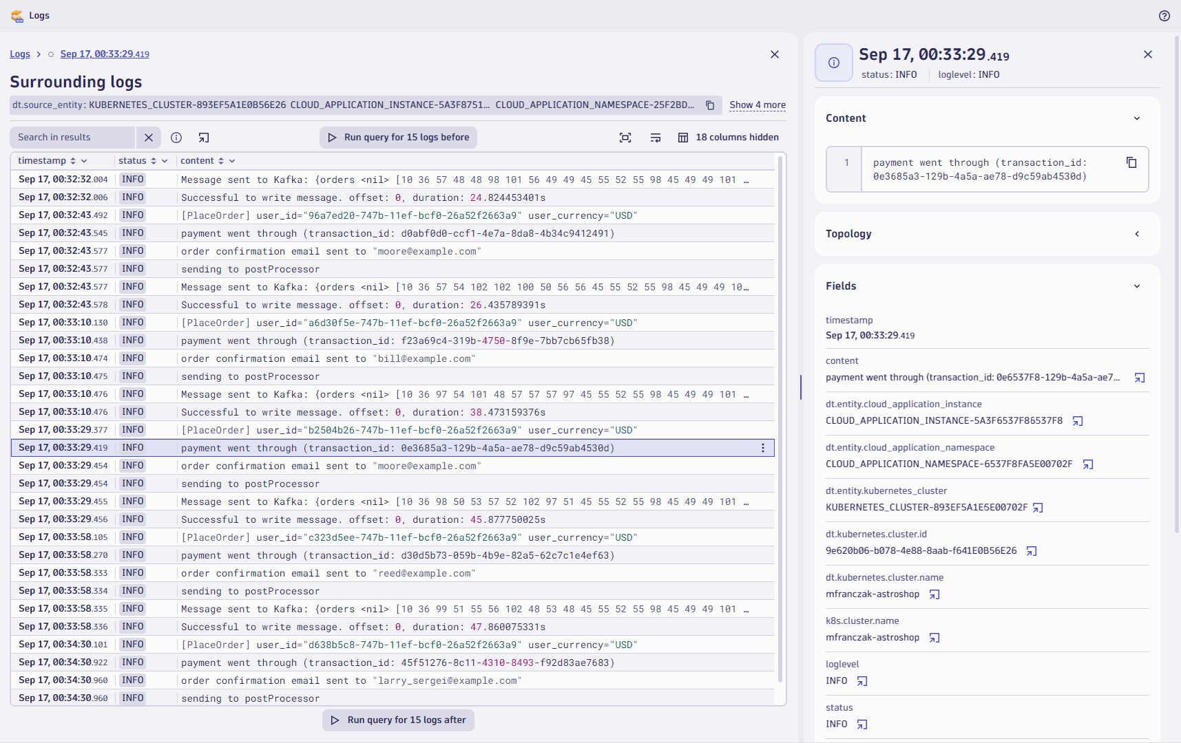 Figure 3. You can filter surrounding logs from within the Logs app, or by an open-with call from another app (for example, the Kubernetes app shown in Figure 2).