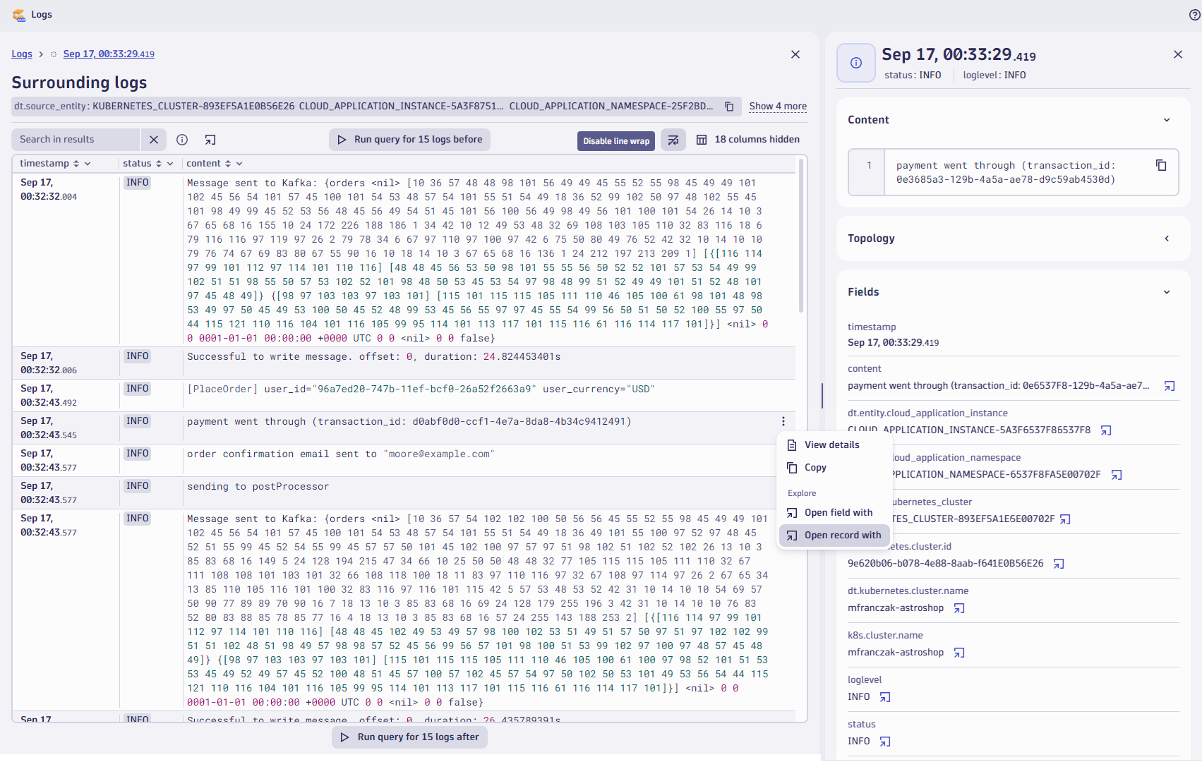 Figure 6. The open-with capabilities of the Logs app allow users to open single entries, such as individual host or node IDs in other apps, and to load the records in other applications like Notebooks or Dashboards.