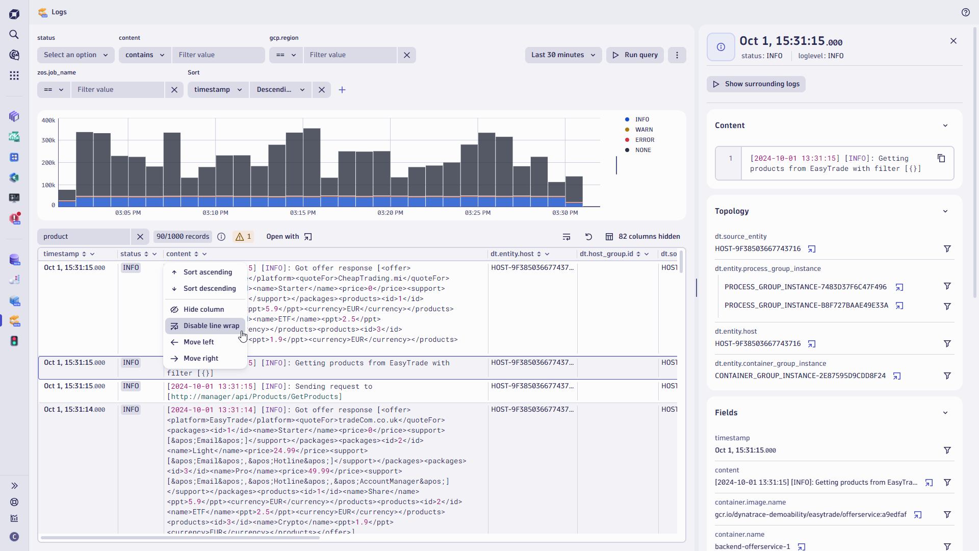 ­­Figure 4. Screenshot with unfiltered query results, where the newly introduced ’search in results’ feature has been used, to locally filter for log lines containing the word ’product‘.