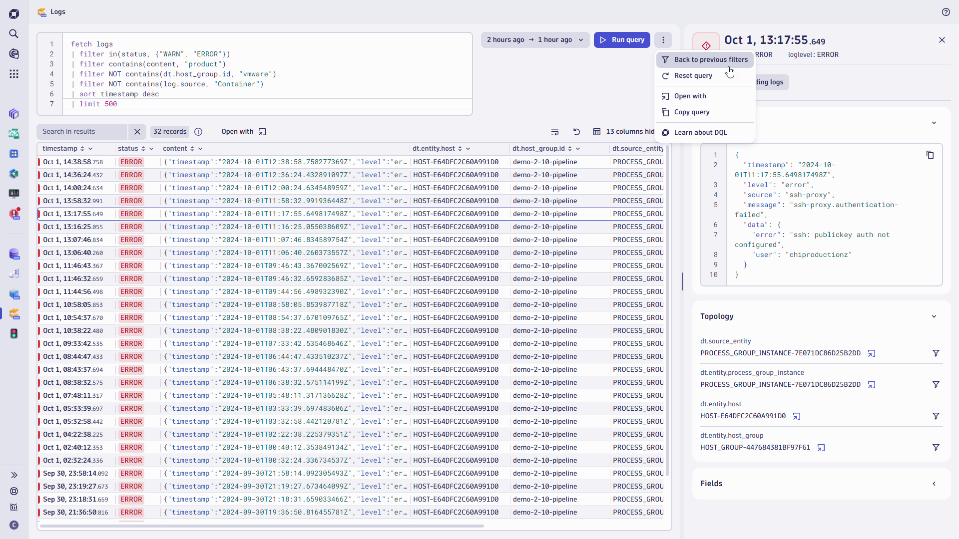 Figure 4. Logs app in advanced DQL-editor view, showcasing the capability to add additional filter conditions.