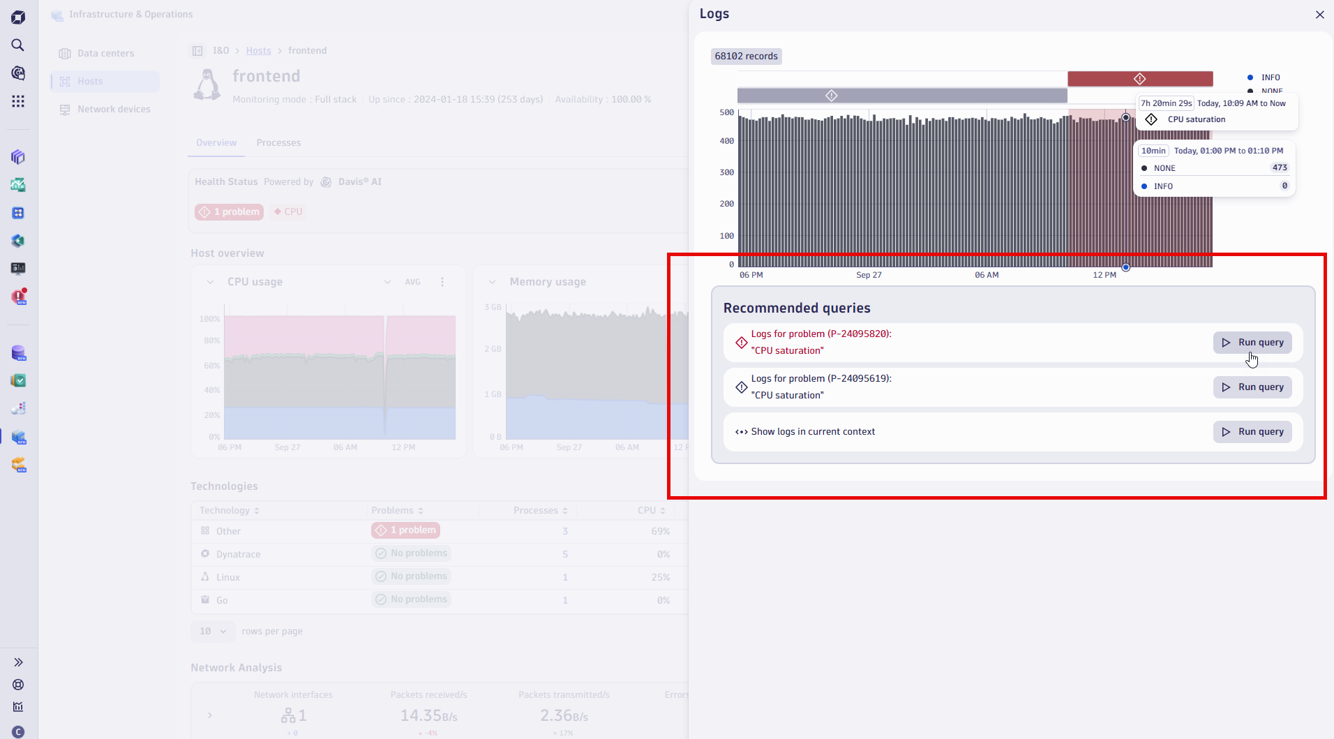 Figure 9. Logs in context are an integral part of Infrastructure & Operations, offering a focused query to surface relevant logs without a single line of processing code or complex queries.