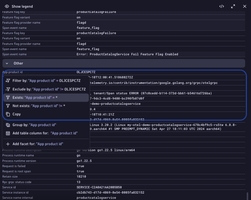 Distributed Tracing app filter product ID in Dynatrace screenshot