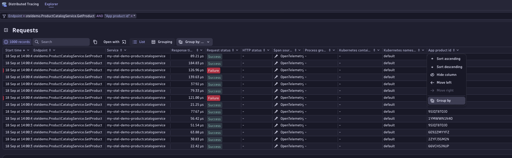 Distributed Tracing app group by ID in Dynatrace screenshot