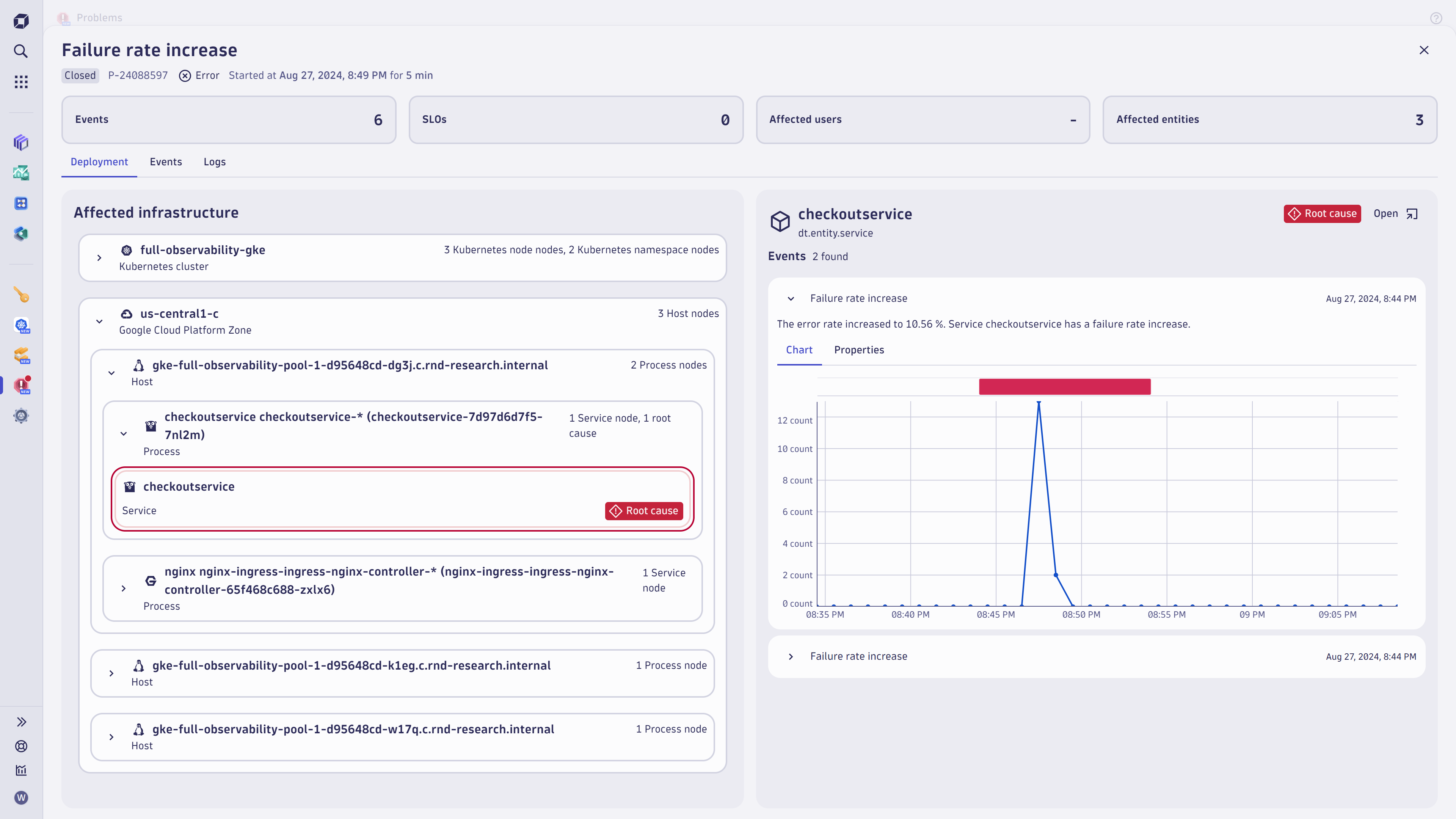 Confirm the AI-detected root cause and review the deployment context.