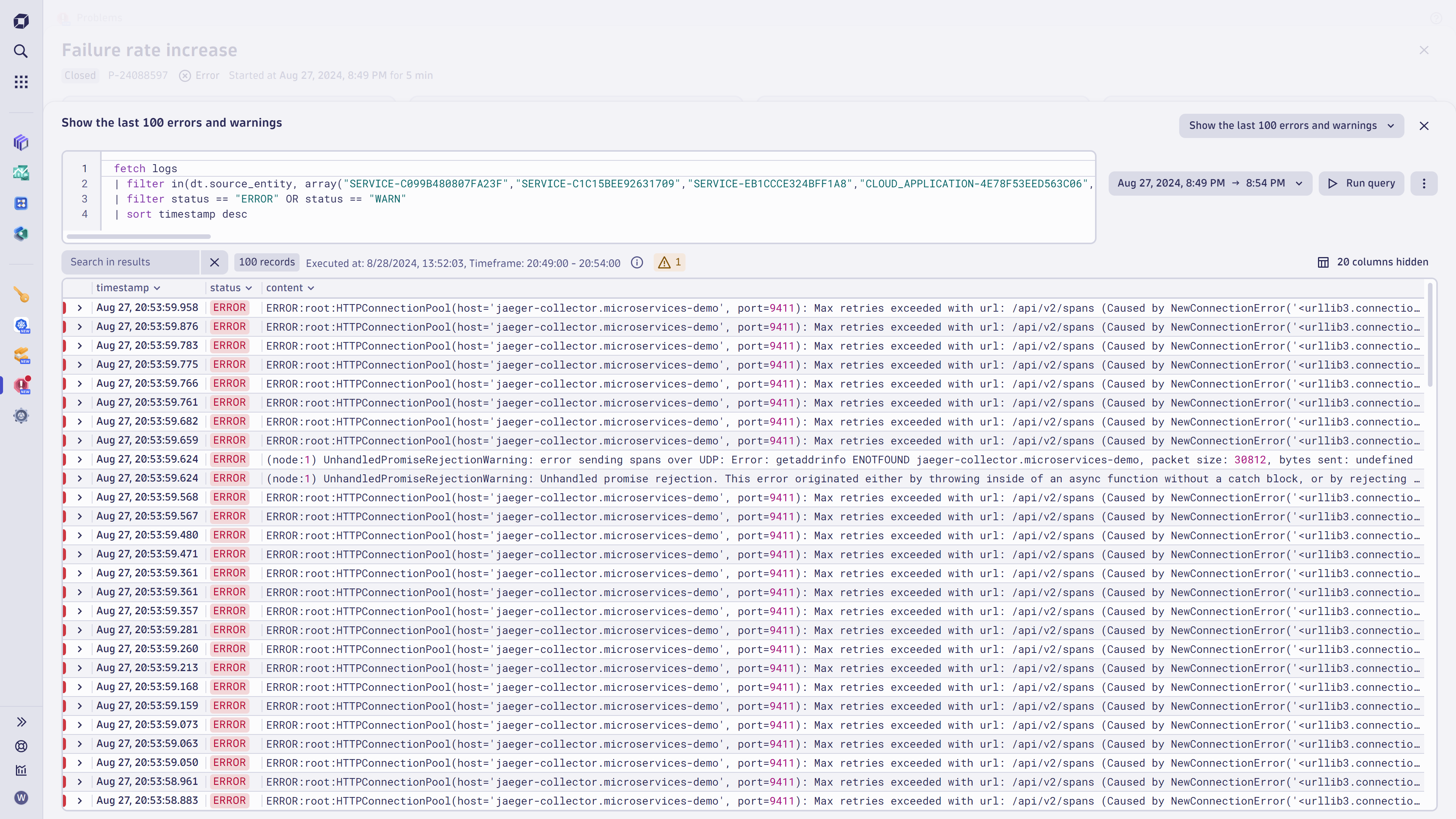 100 errors and warnings of failure rate logs