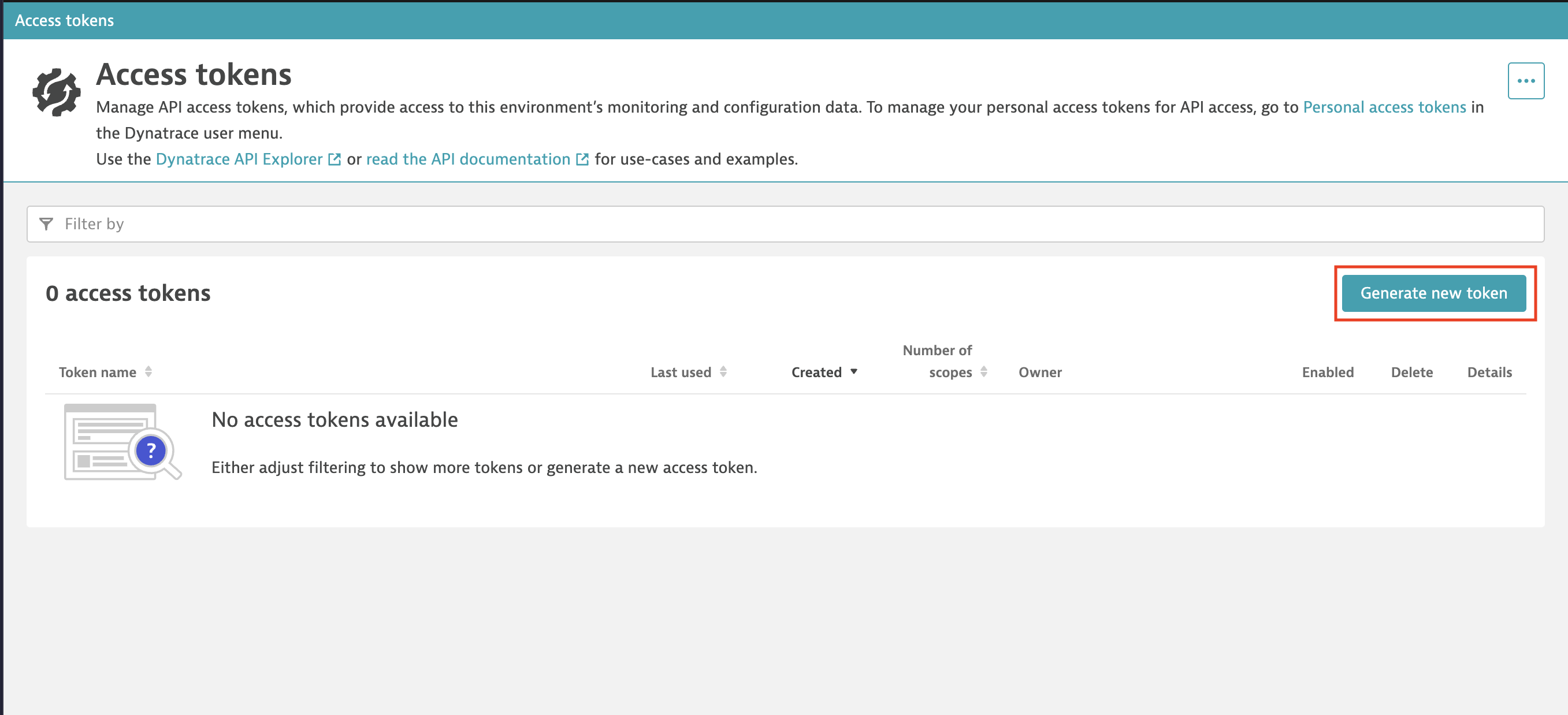 Dynatrace Access tokens page