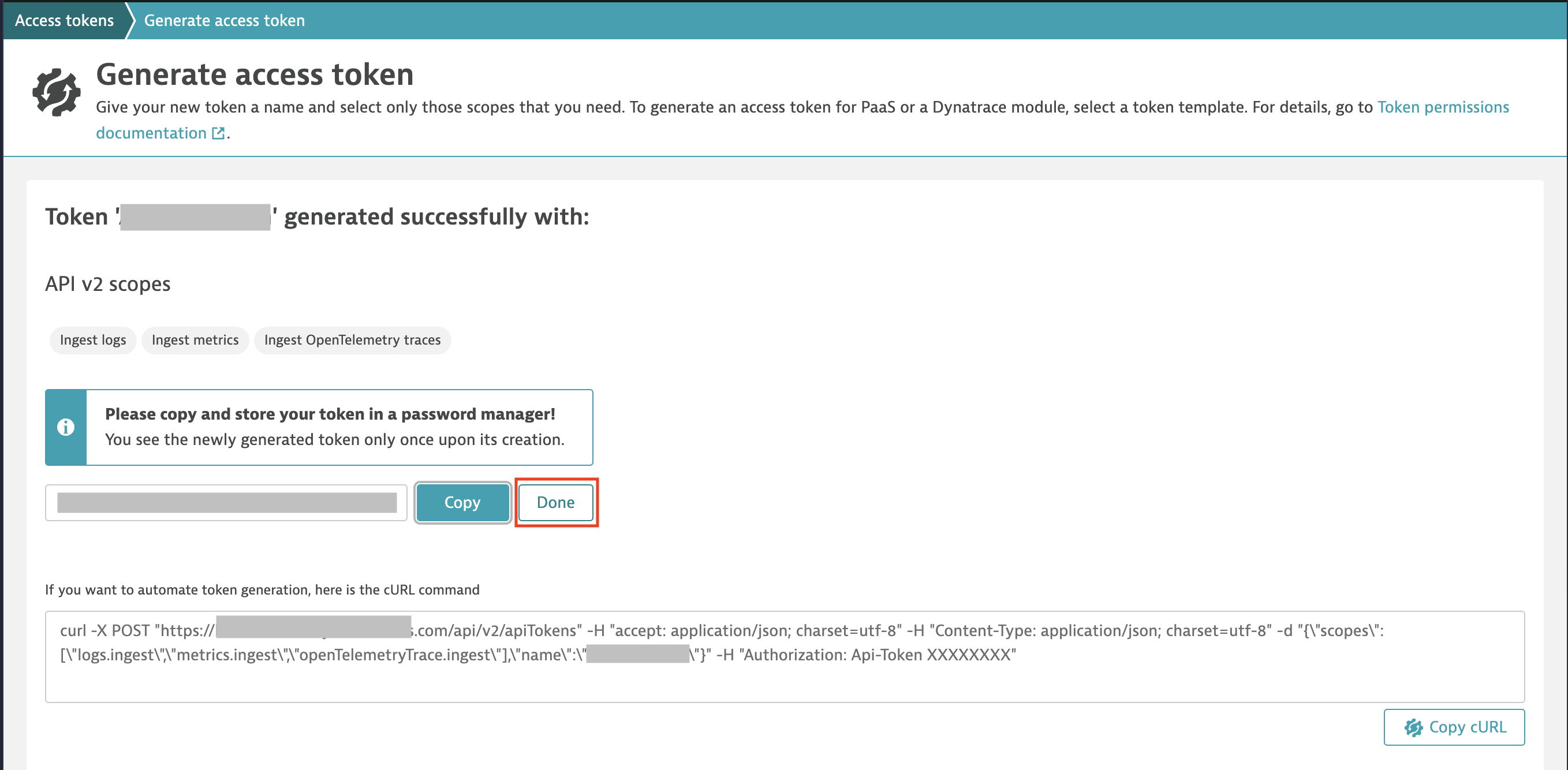 Access token page showing generated token