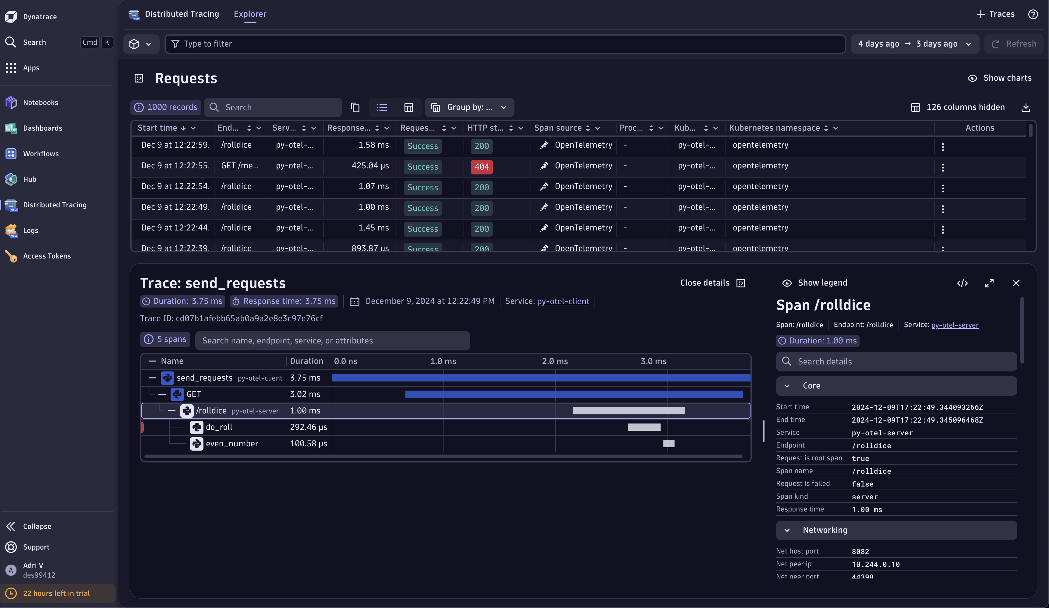 Dynatrace Distributed Tracing UI