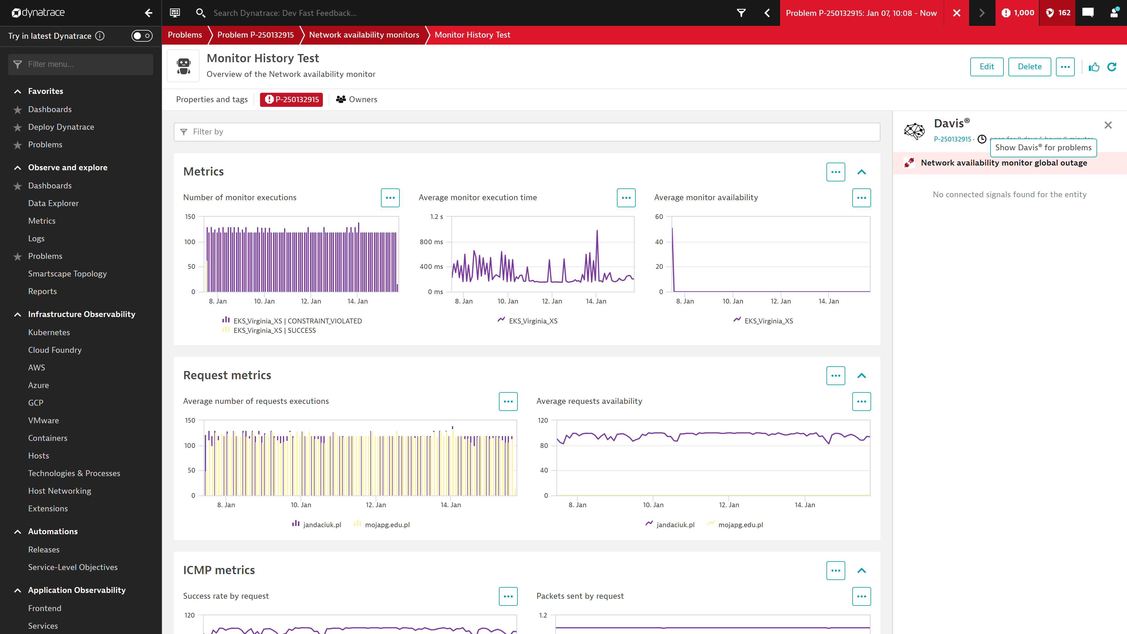 Figure 1. Overview of a Network Availability monitor related to a specific problem thanks to Davis AI