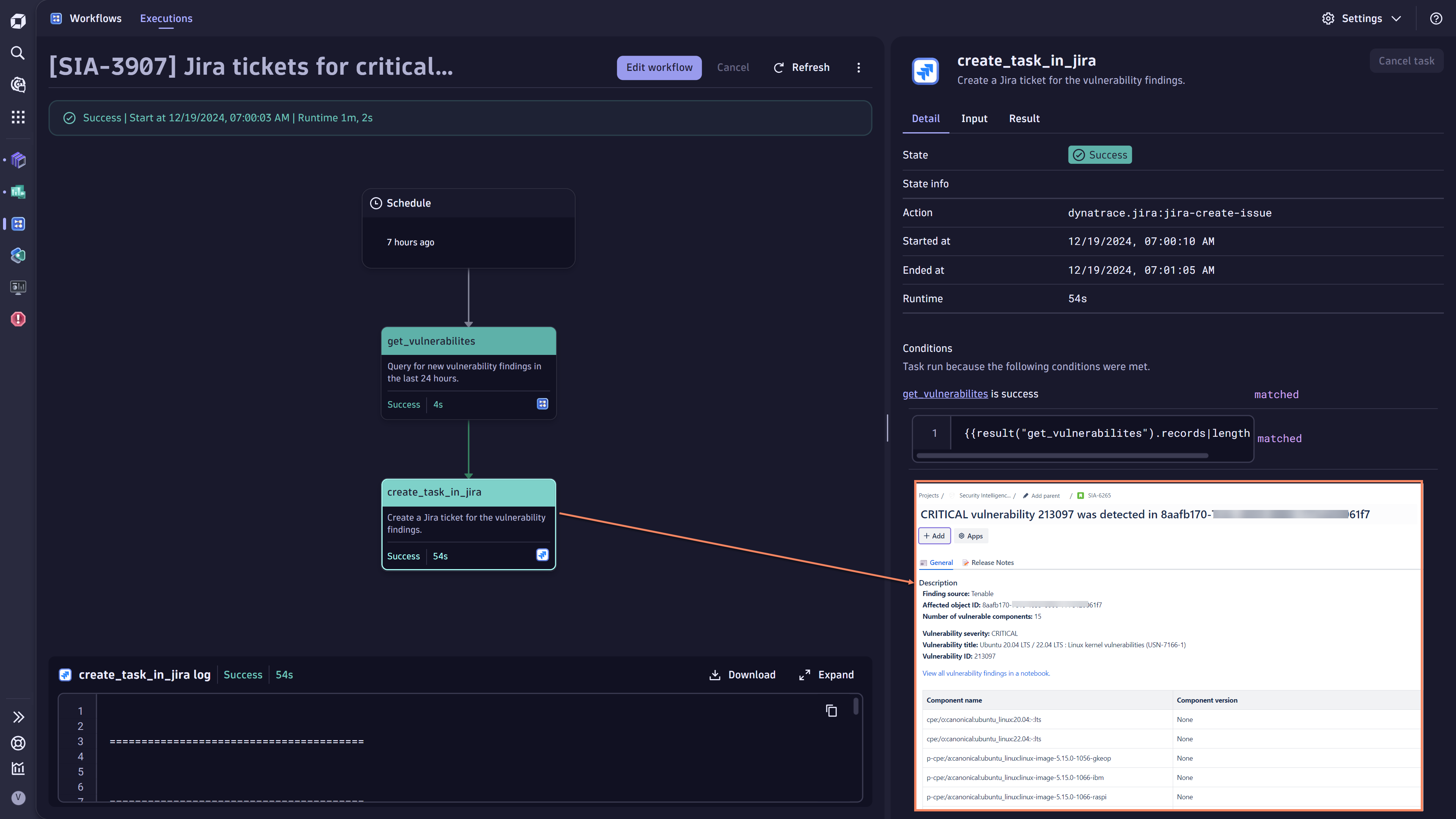 Sample workflow for Jira ticket creation in Dynatrace screenshot