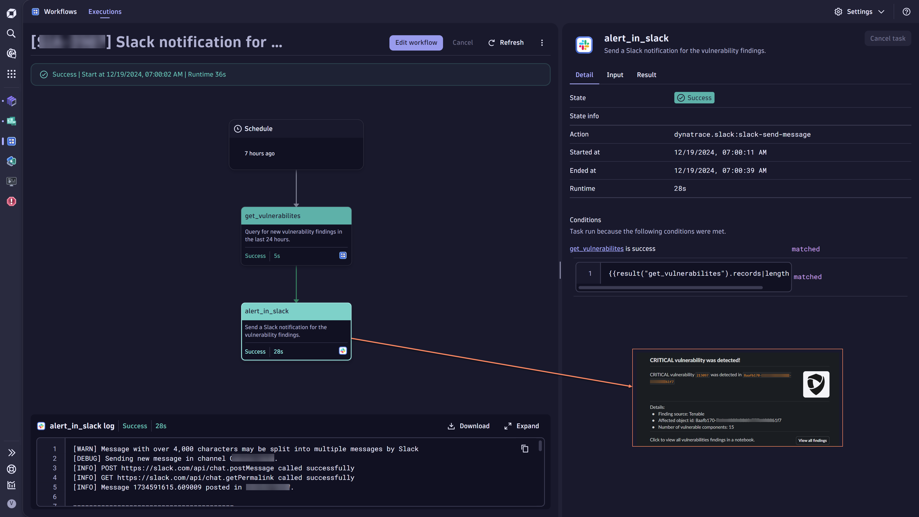 Sample workflow for Slack notifications in Dynatrace screenshot