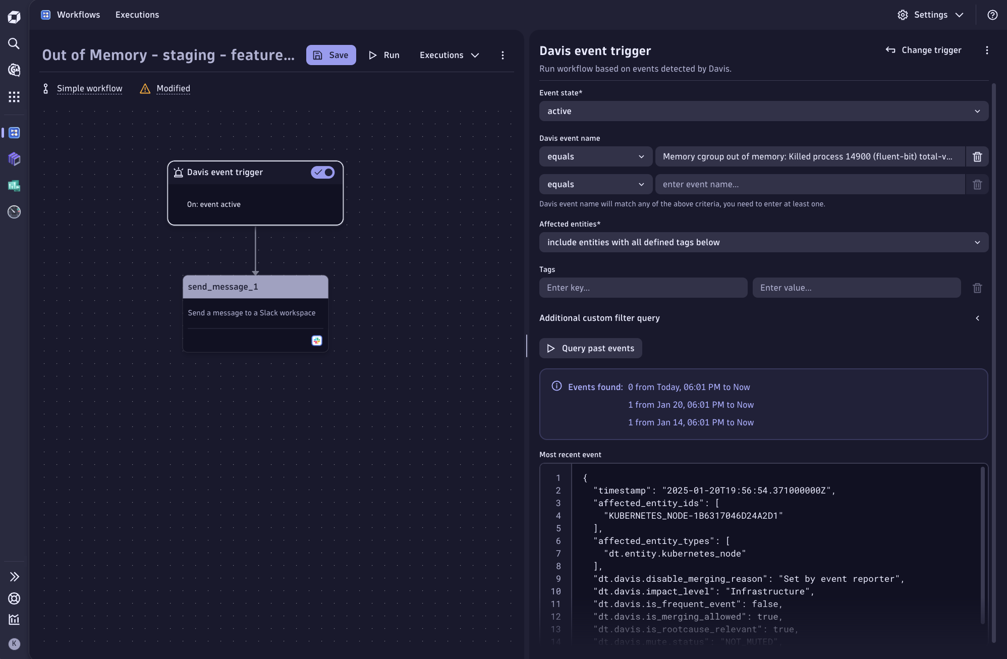 Simple workflow trigger in Dynatrace screenshot