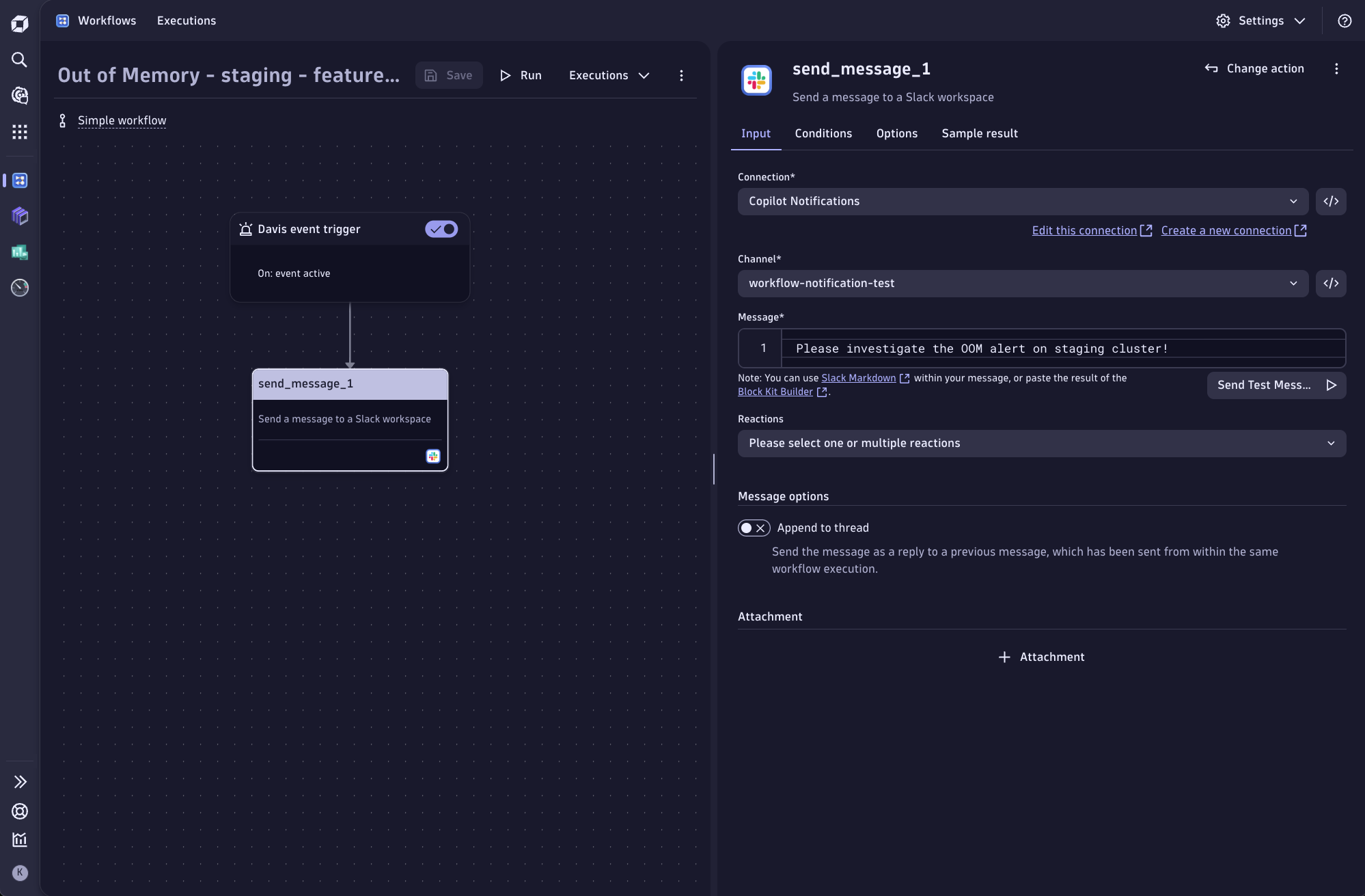 Simple workflow to send Slack message in Dynatrace screenshot