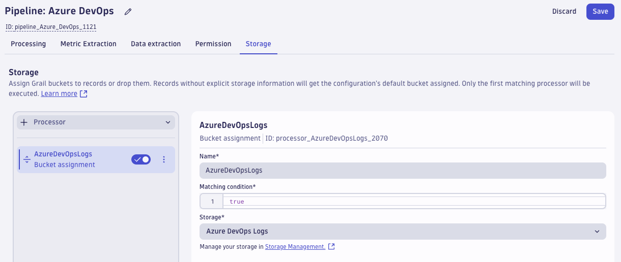 Pipeline screen showing AzureDevOpsLogs bucket assignment attributes