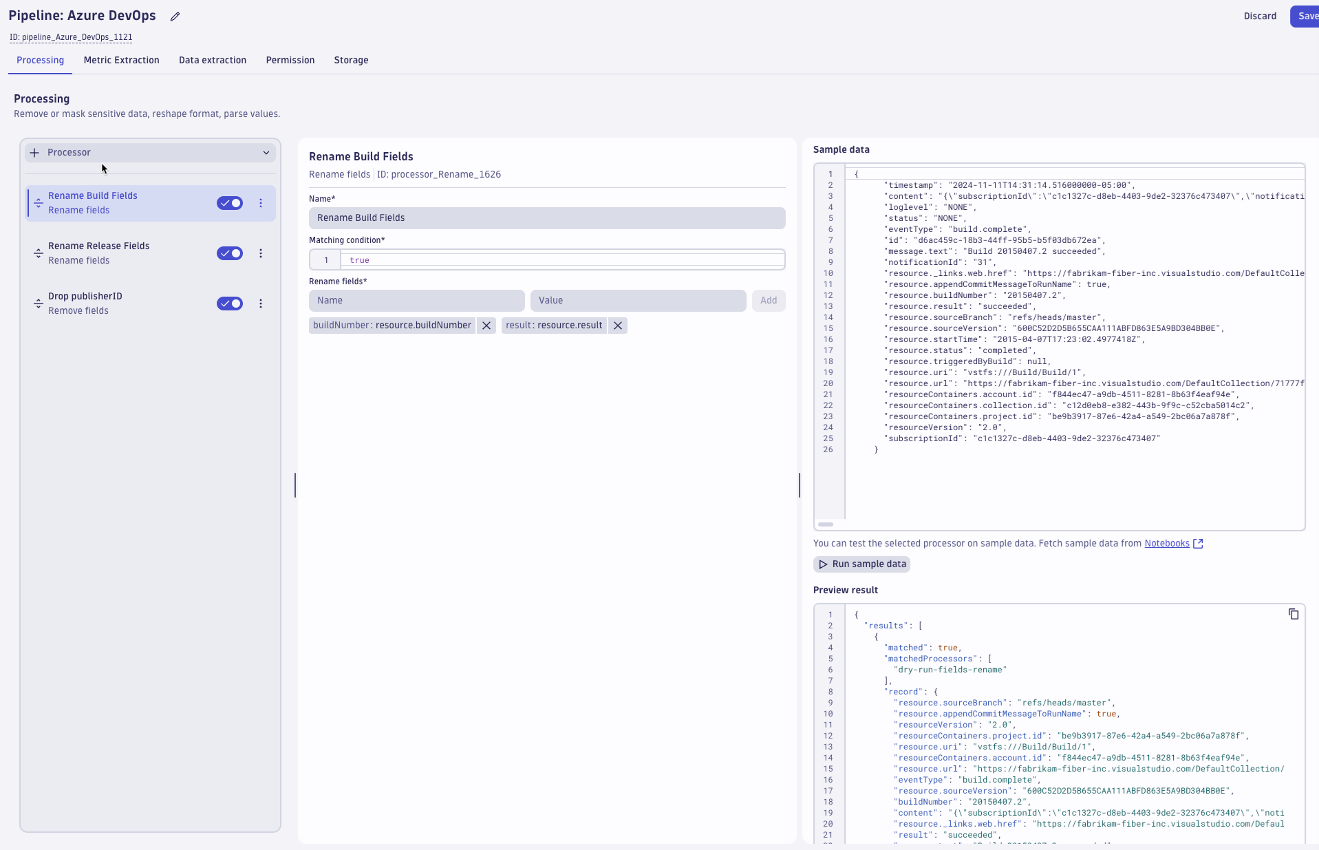 OpenPipeline screen showing rename field values with sample data