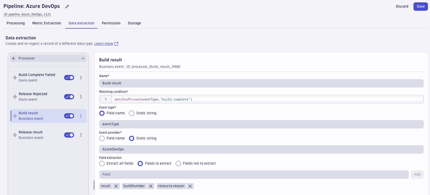 OpenPipeline screen of Azure DevOps data extraction properties build properties