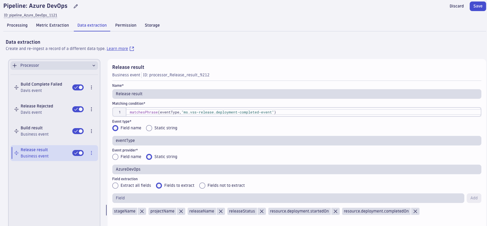 OpenPipeline screen showing Azure DevOps data extraction properties release results 