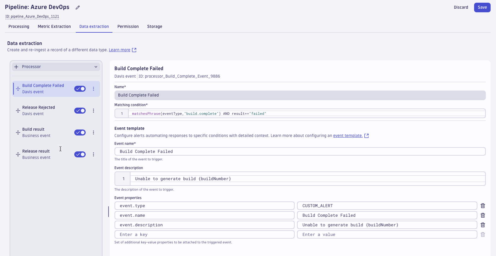 OpenPipeline screen showing Azure DevOps data extraction properties for Build Complete Failed