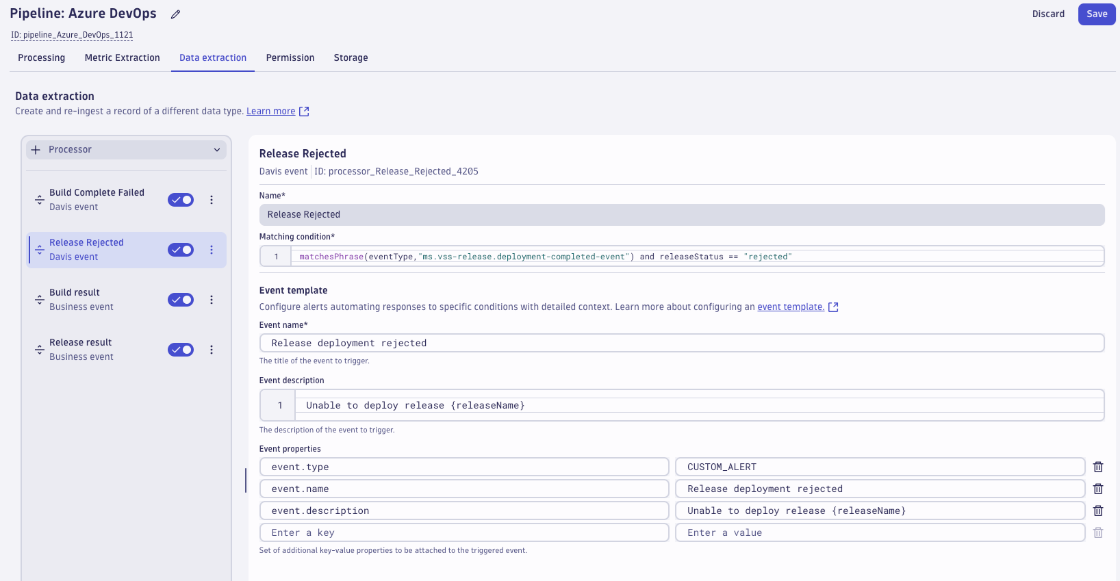 OpenPipeline screen for Azure DevOps showing data extraction properties for release rejected