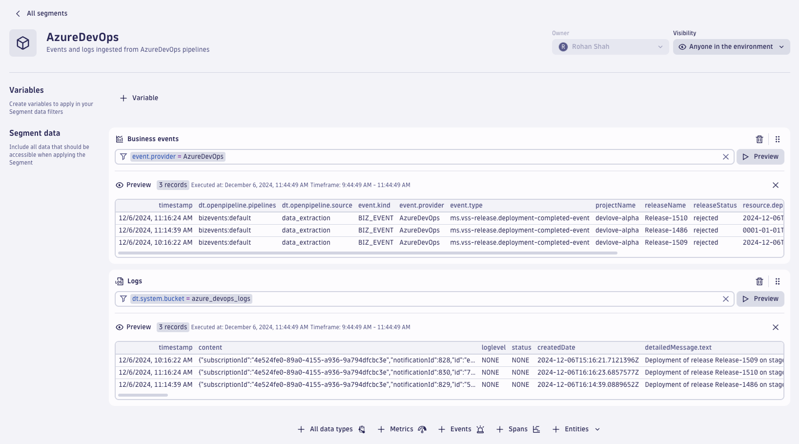 AzureDevOps screen showing variables for business events and logs