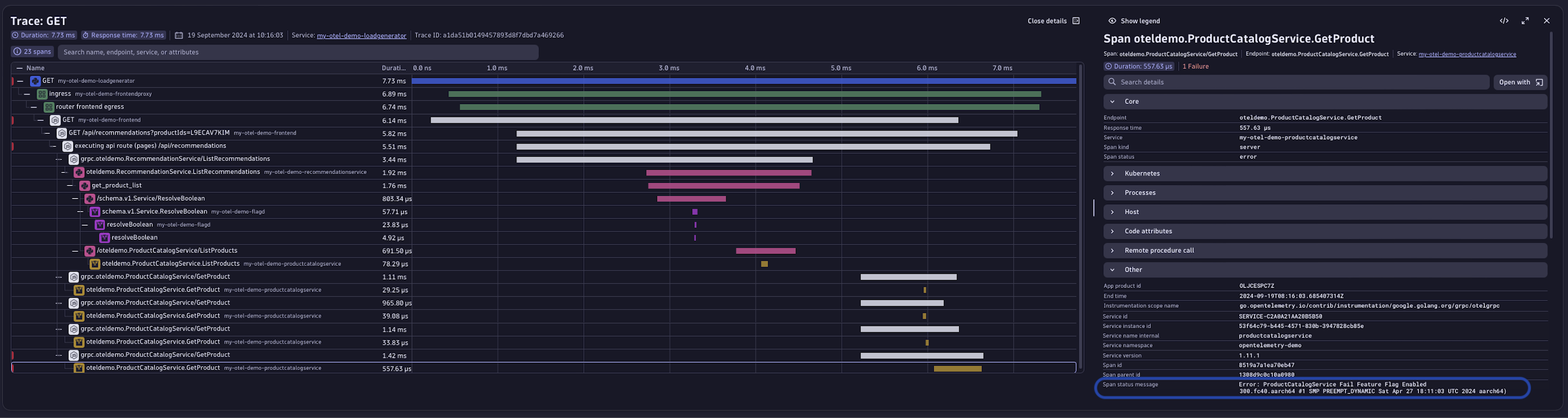 Details of the failed spans in the OTel demo app